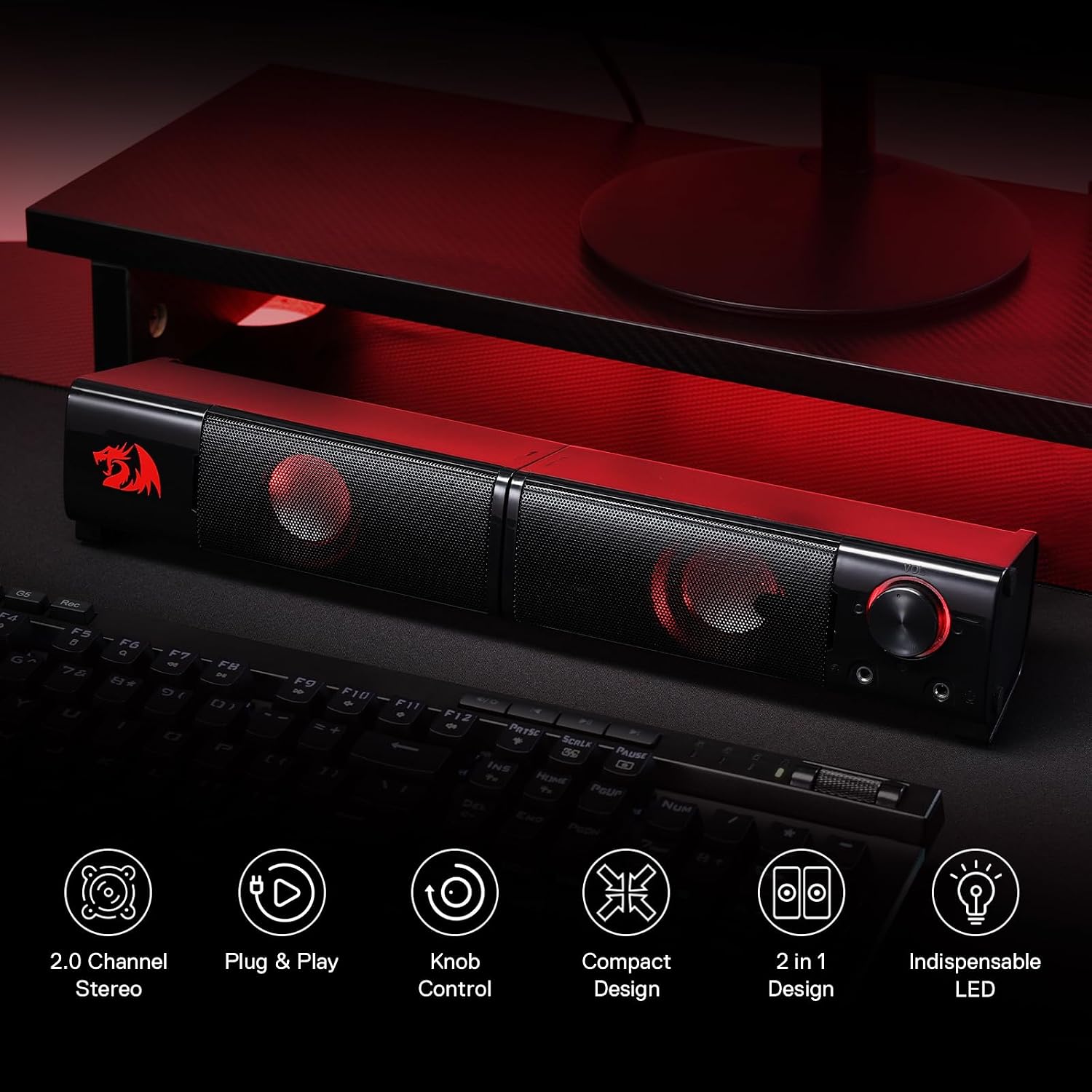 Redragon GS550 Orpheus PC Gaming Speakers, 2.0 Channel Stereo Desktop Computer Sound Bar with Compact Maneuverable Size, Quality Bass and Decent Red Backlit, USB Powered w/ 3.5mm Cables, Doom Eternal