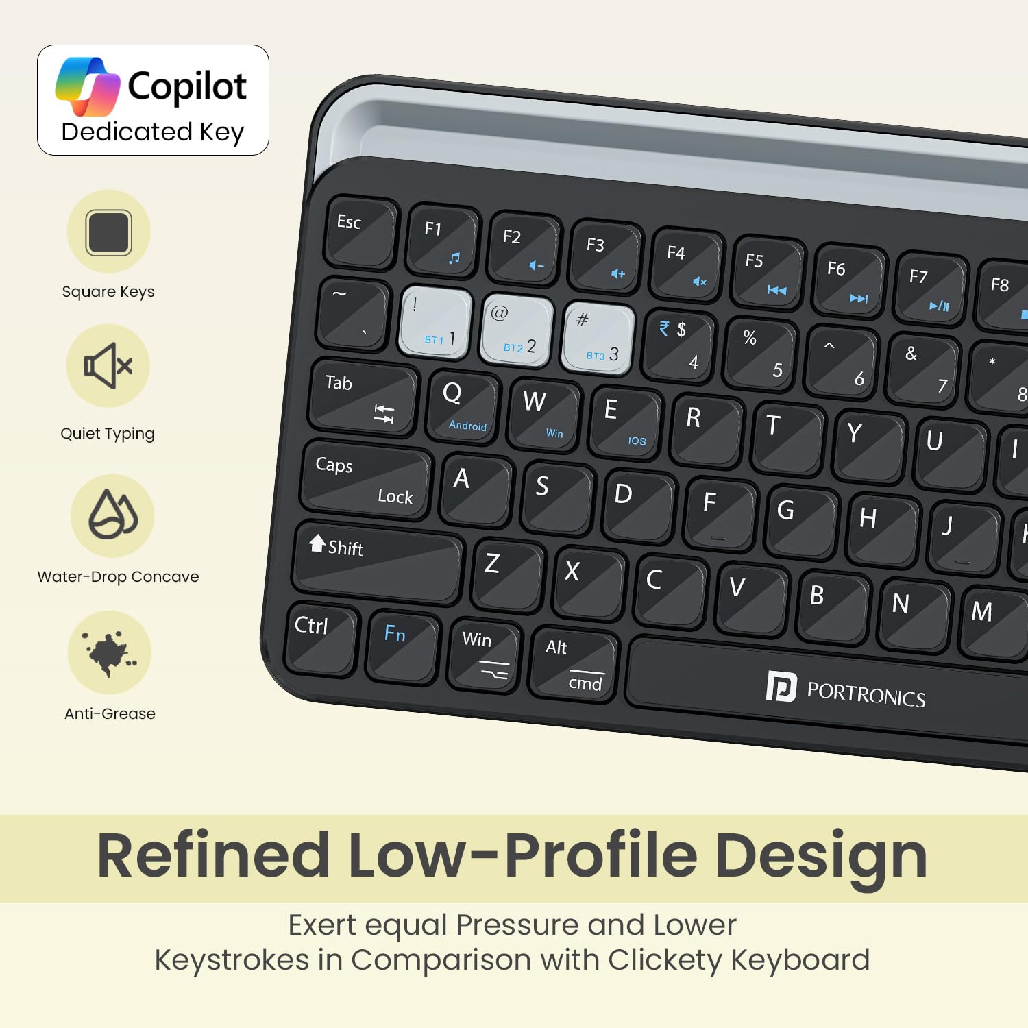 Portronics Bubble 4.0 Wireless Keyboard with Bluetooth + 2.4 GHz USB Receiver, Rechargeable Battery, Volume Control Knob, Multimedia Hotkeys with Numpad, for Laptop, PC, Smartphone, Tablet(Black)