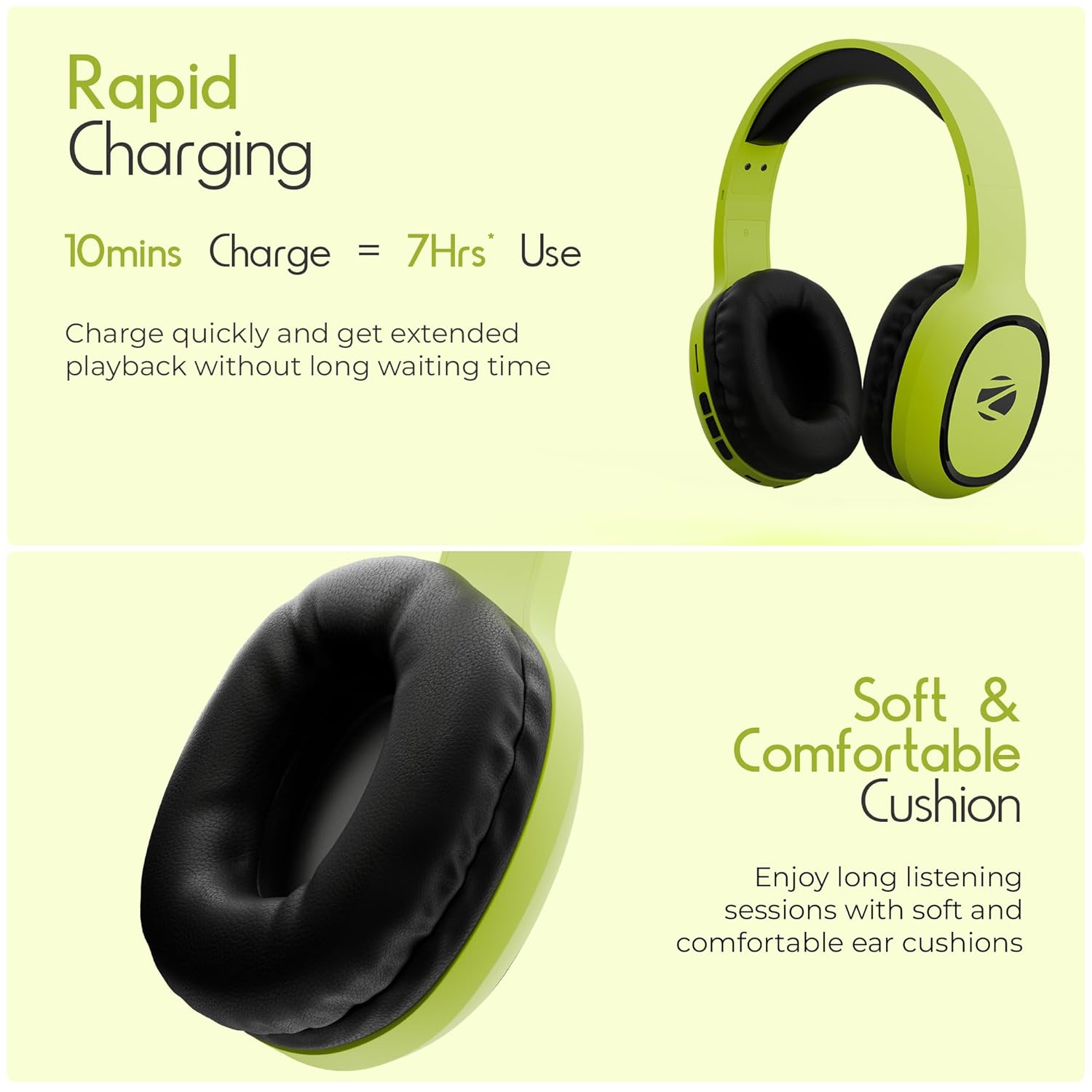 ZEBRONICS Thunder Bluetooth Wireless On Ear Headphone FM, mSD, 60hrs Playback with Mic (Neon Yellow)