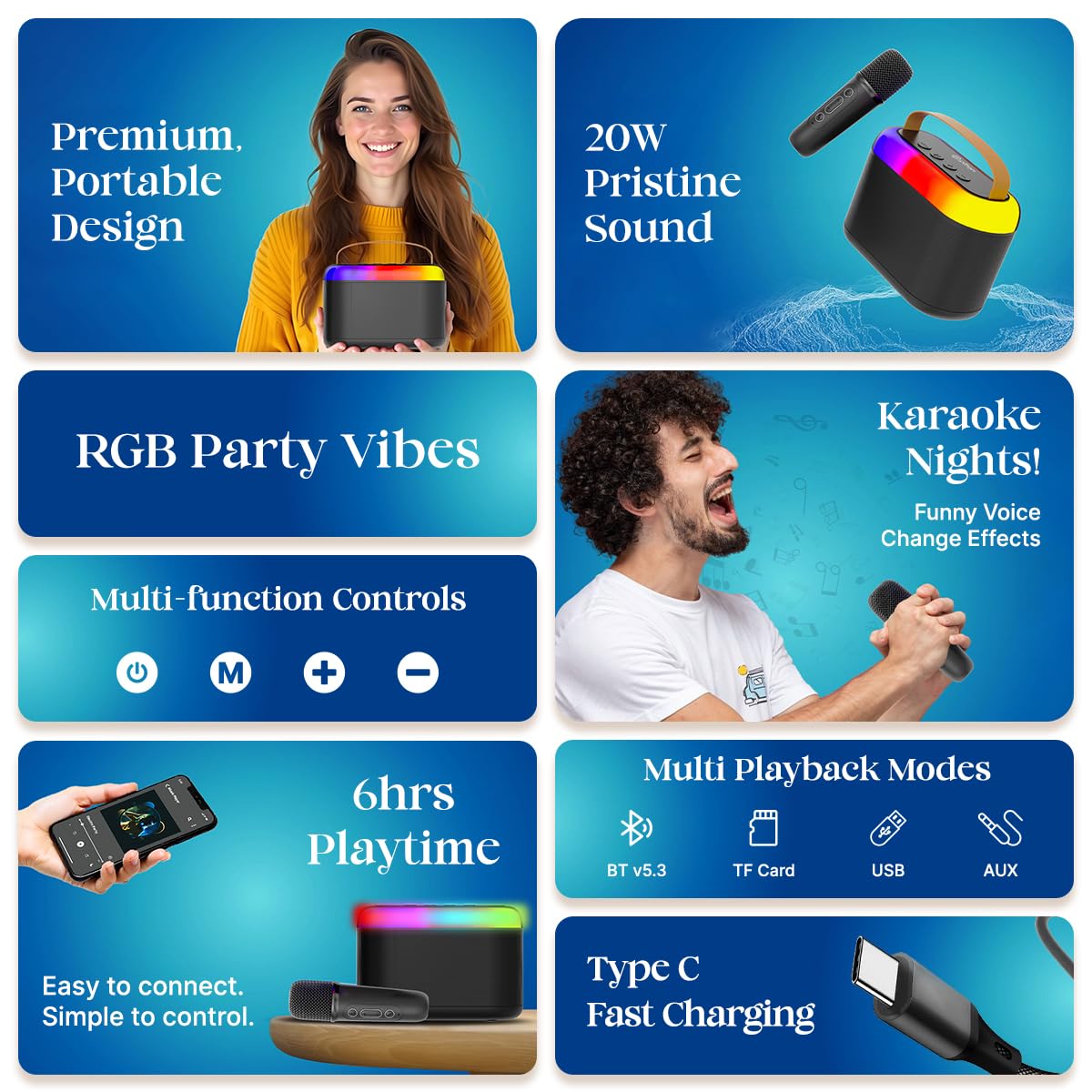 pTron Newly Launched Fusion Joy 20W Bluetooth Speaker with Wireless Karaoke Mic, 6Hrs Playtime, Vivid RGB Lights, Voice Effects, Multi-Play Modes BT5.3/TF Card & Type-C Charging Port (Black)