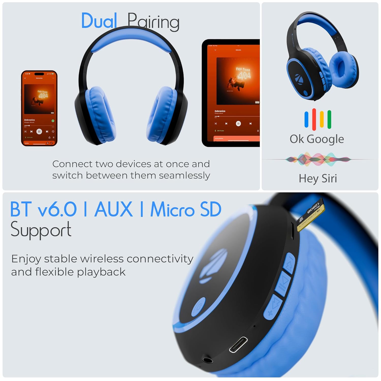 ZEBRONICS Thunder (2026 Upgrade) Wireless Headphones, BT v6.0, True 60 hrs Playback, 40mm Drivers, ENC, Gaming Mode, Dual Pairing, AUX & microSD, Rapid Charging, Call Function (Blue)