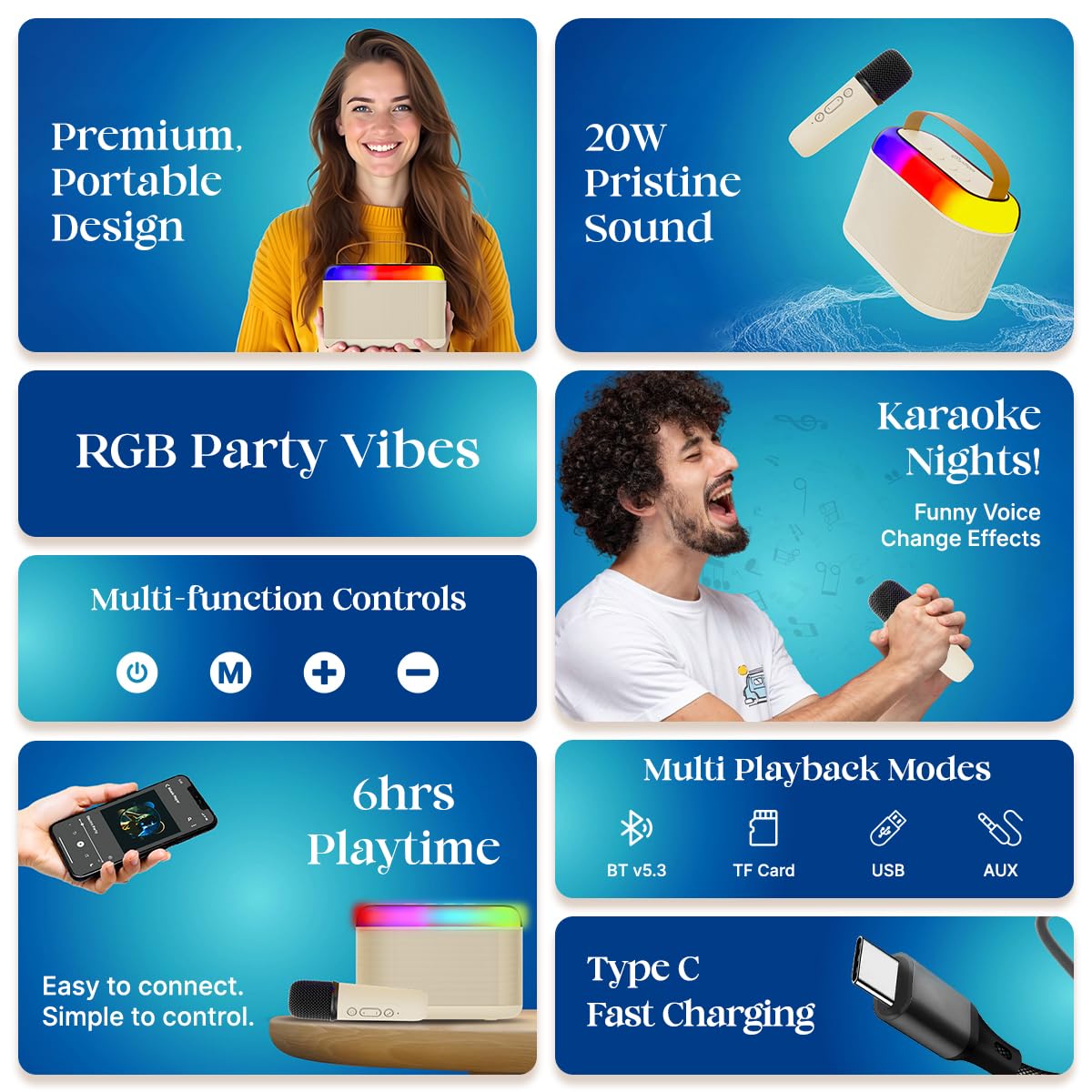 pTron Newly Launched Fusion Joy 20W Bluetooth Speaker with Wireless Karaoke Mic, 6Hrs Playtime, Vivid RGB Lights, Voice Effects, Multi-Play Modes BT5.3/TF Card & Type-C Charging Port (Light Cream)