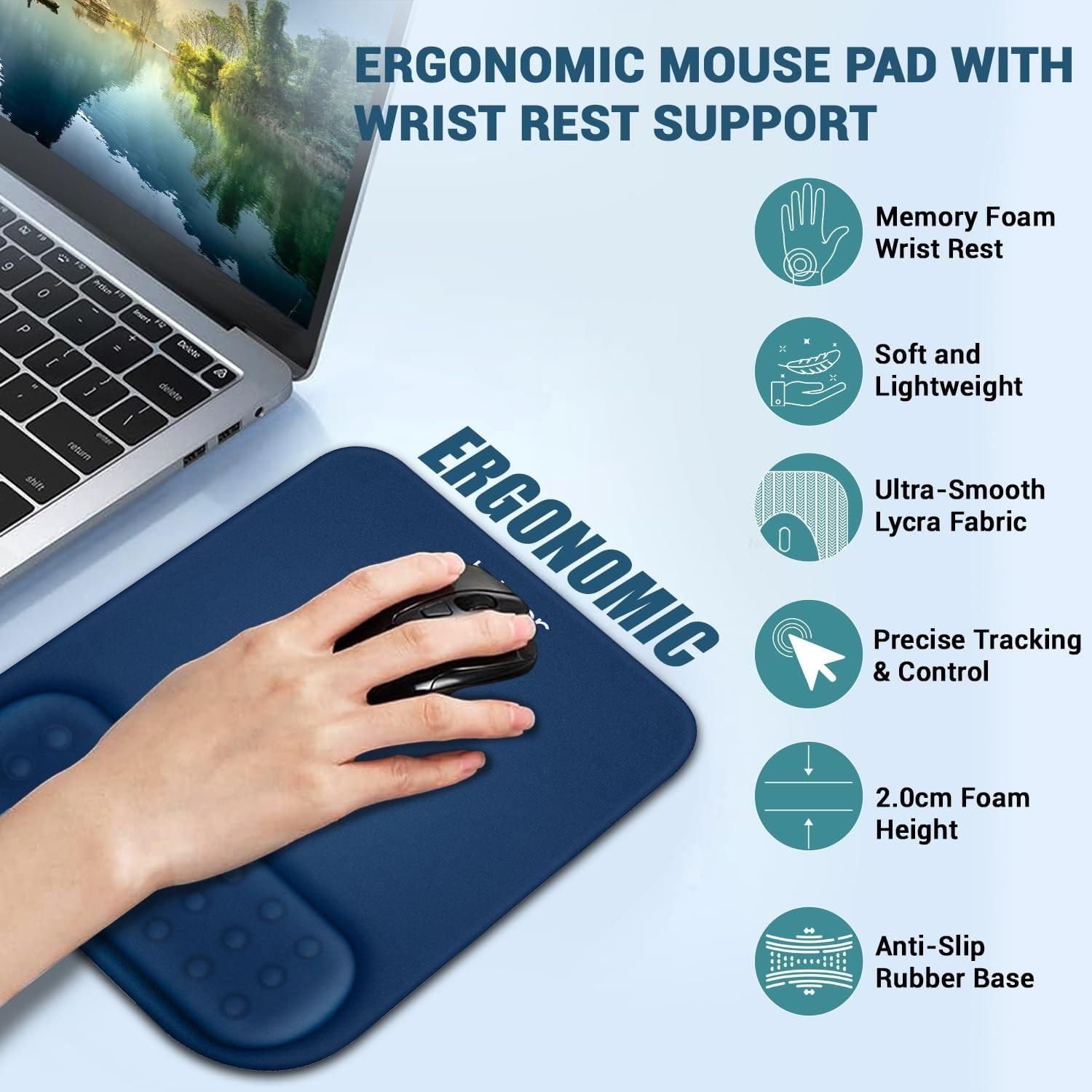 Tukzer Gel Mouse Pad Wrist Rest Memory-Foam Ergonomic Mousepad| Cushion Wrist Support & Pain Relief| Suitable for Gaming, Computer, Laptop, Home & Office Non-Slip Rubber Base (Blue)