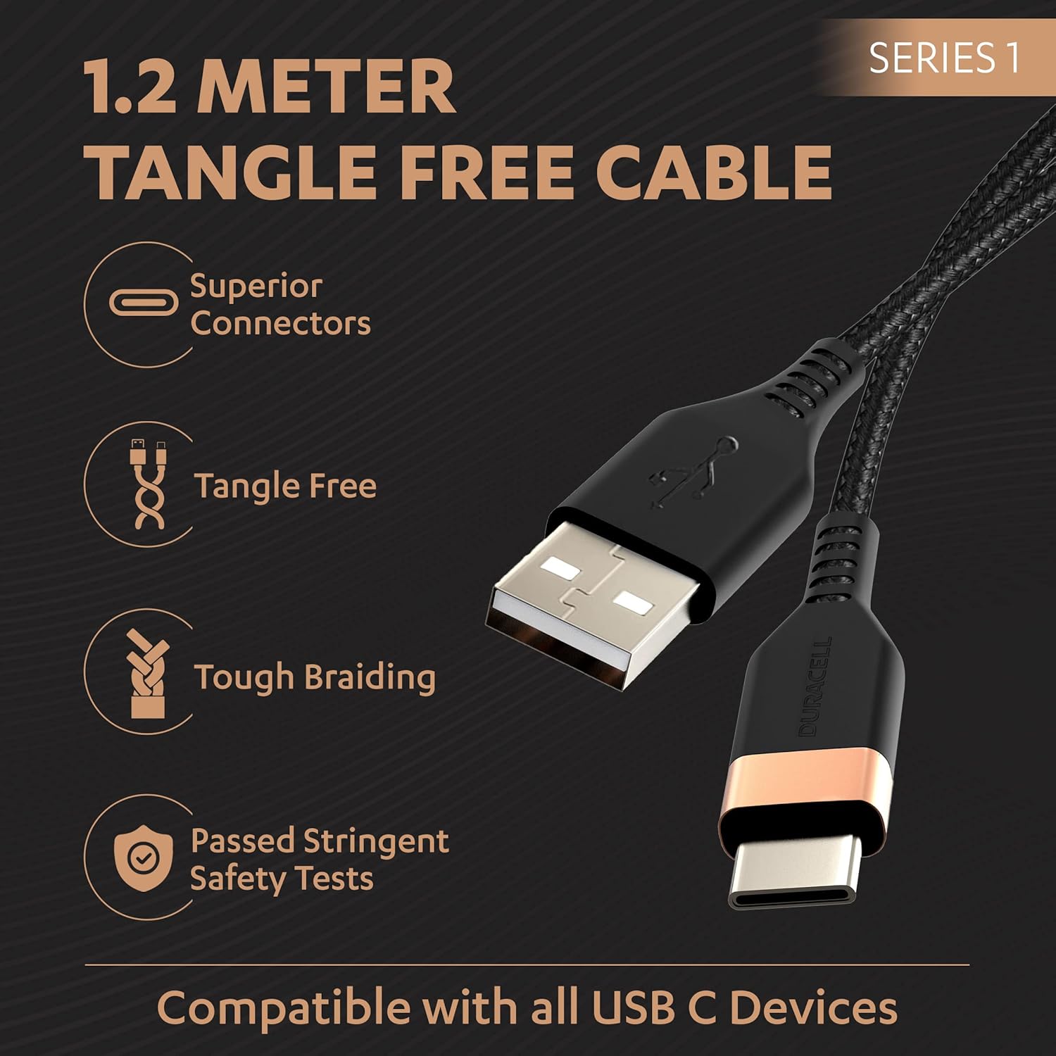 Duracell Usb-A To Type C, 65W Braided Sync&Fast Charging USB Cable, 3.9 Feet(1.2M), Qc 2.0/3.0 Ultra Fast Charging, For Samsung, Mi, Realme, Oppo, One Plus, Seamless Data Transmission, Series 1,Black