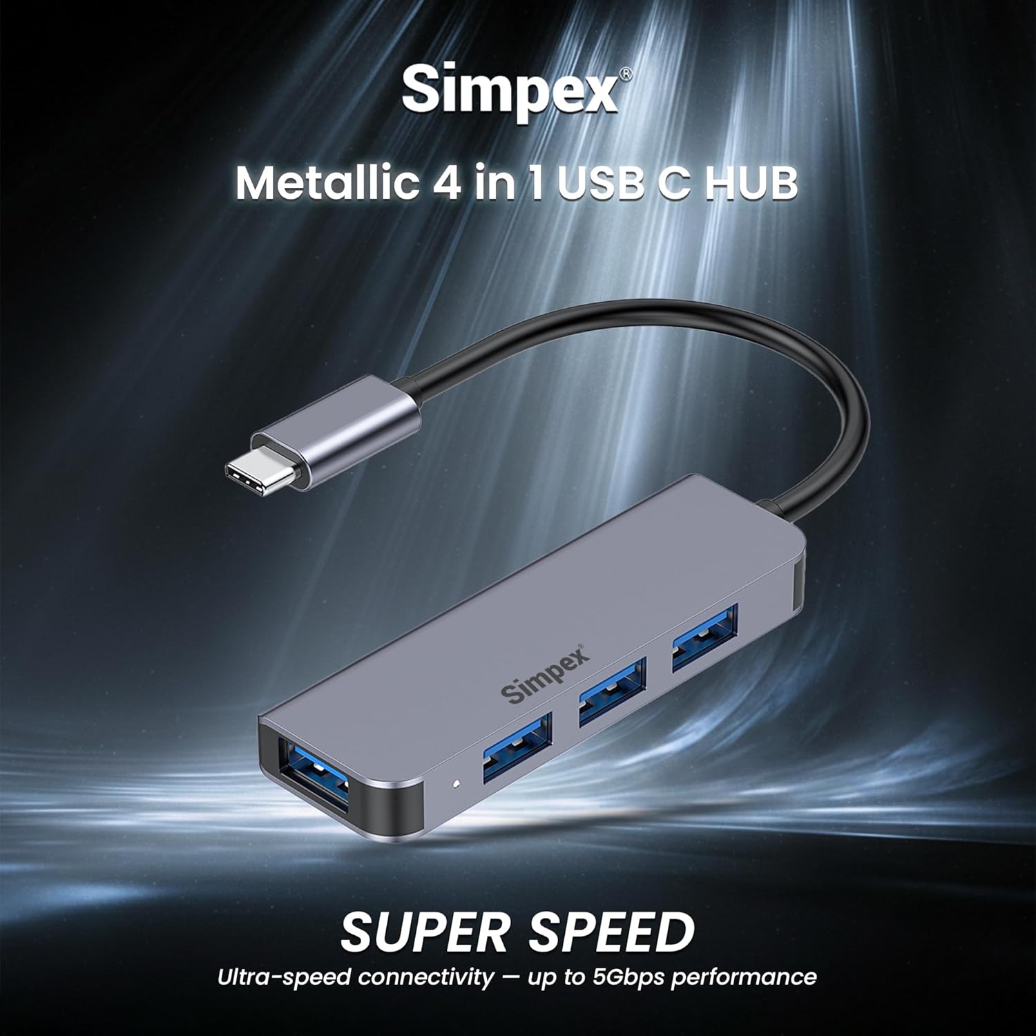Simpex (Metal USB Hub 4 in 1) USB C Hub with 4 USB Ports, High Speed, Compatible with MacBook, Windows, C-Type Smartphones and Other Type-C Devices