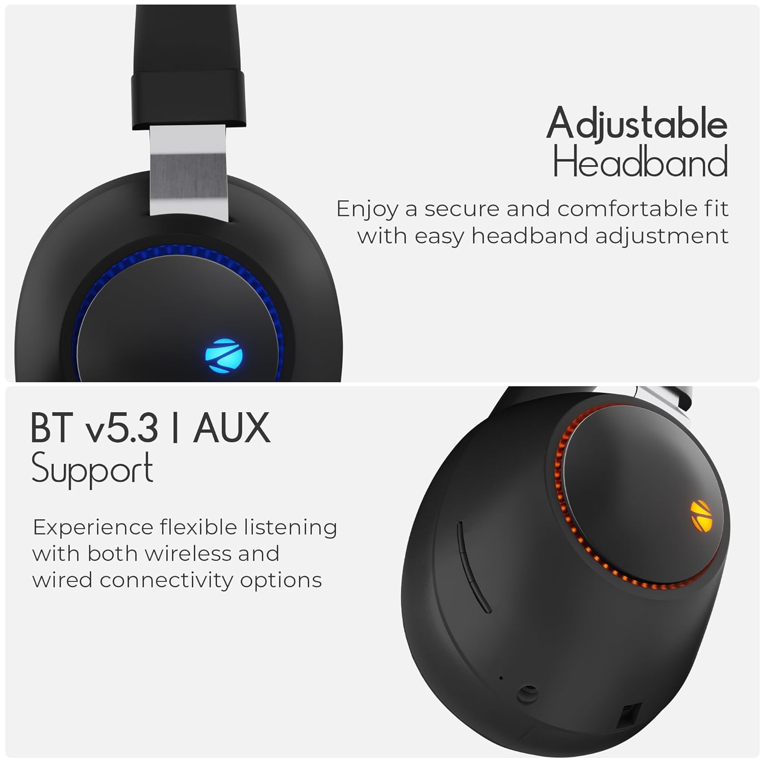 ZEBRONICS Duke (2026 Upgrade) Wireless Headphone, BT v5.3, Upto 60 hrs Playback, 40mm Drivers, Deep Bass, ENC, Gaming Mode, Dual Pairing, LED Lights, Media/Volume Control, Call Function (Black)