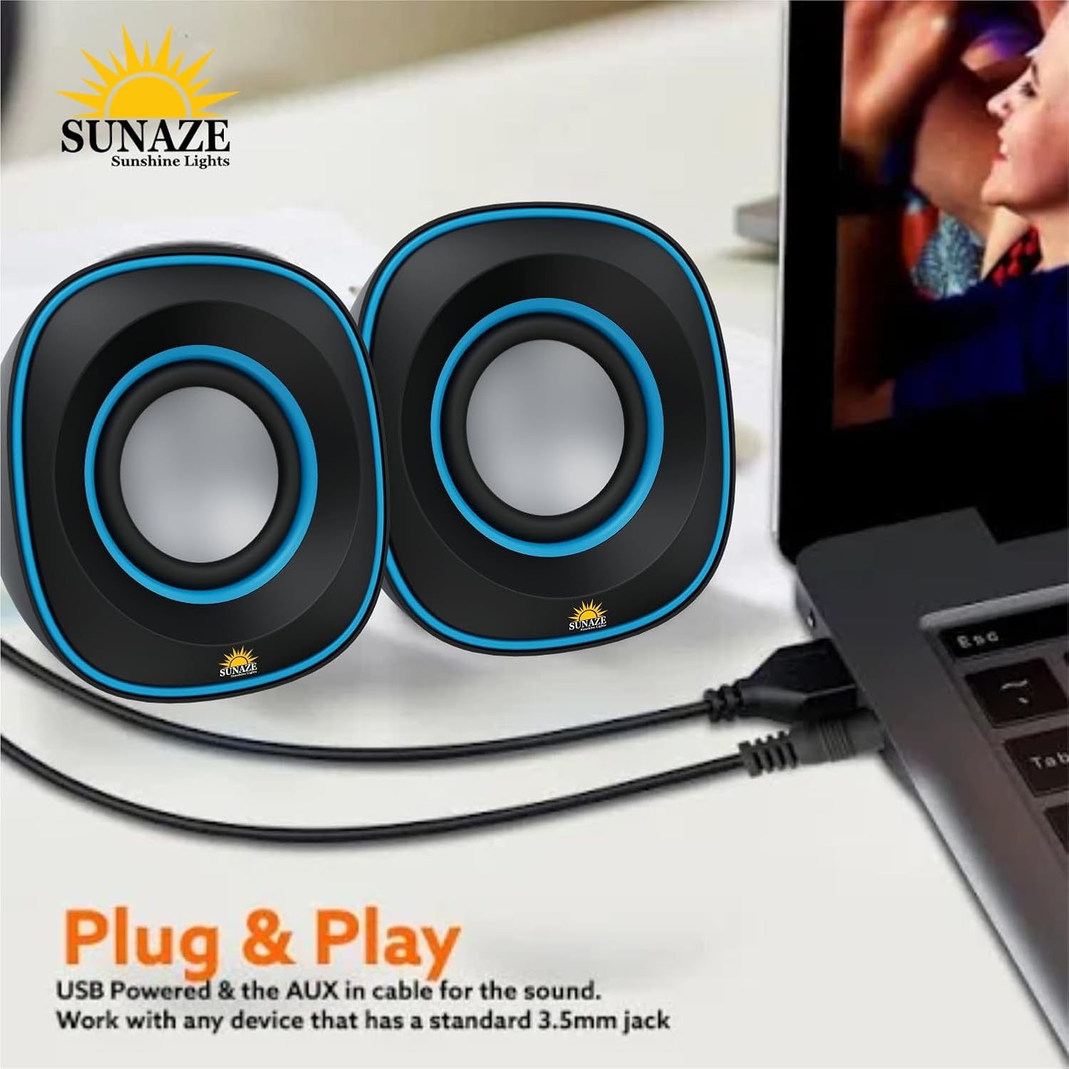 Sunaze Wired Mini USB Powered Speakers with 3.5mm AUX | Compact Desktop Speakers for Laptop, PC, Mobile & Tablet | Clear Sound & Deep Bass