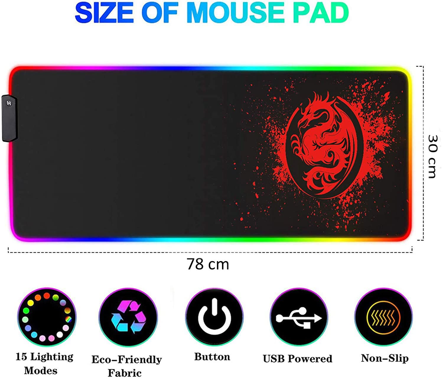 SPEED RGB Gaming Mouse Pad, Soft Glowing 14 LED Modes, Gaming Desk Keyboard Pad, Mouse Mat, Non-Slip Rubber Base - 78x30 cm - Red Dragon