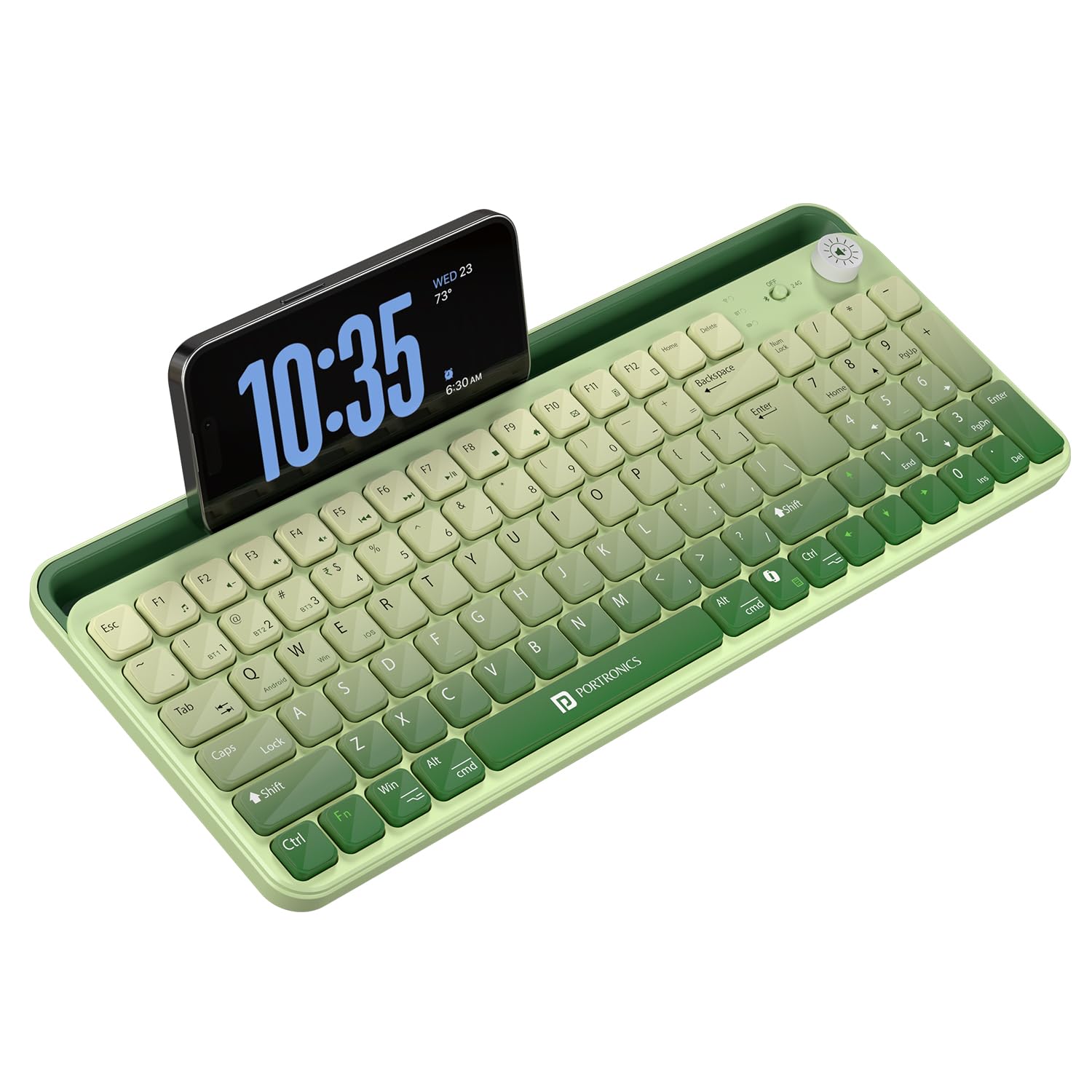 Portronics Bubble 4.0 Wireless Keyboard with Bluetooth + 2.4 GHz USB Receiver, Rechargeable Battery, Volume Control Knob, Multimedia Hotkeys with Numpad, for Laptop, PC, Smartphone, Tablet(Green)