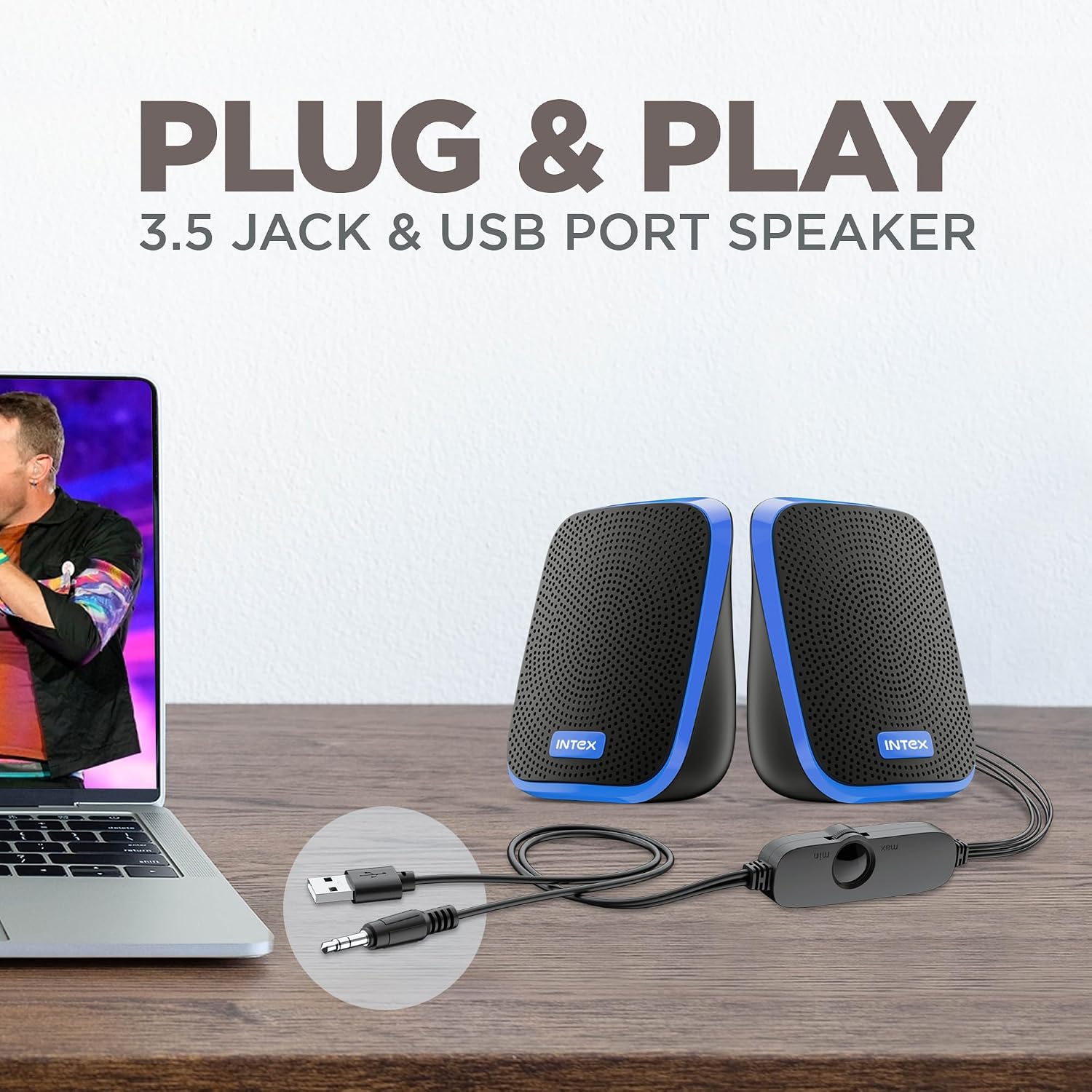 Intex IT-120 2.0 Channel Desktop Speaker with 10W Powerful Sound, USB Powered, 3.5mm Jack, in-Line Volume Control, Loud & Compact Design, Portable for Laptop, Computer, Mobile – Blue