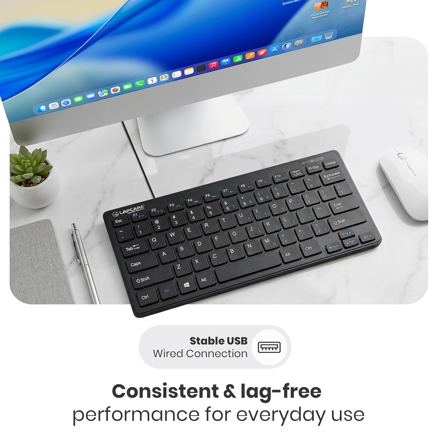 LAPCARE D-Lite Black Mini Wired Keyboard – 87 Key Compact USB Keyboard with Multimedia Fn Keys, Quiet Chocolate Keycaps, UV Coating, 8 Million Keystroke Life - Plug & Play for PC/Laptop (Black)