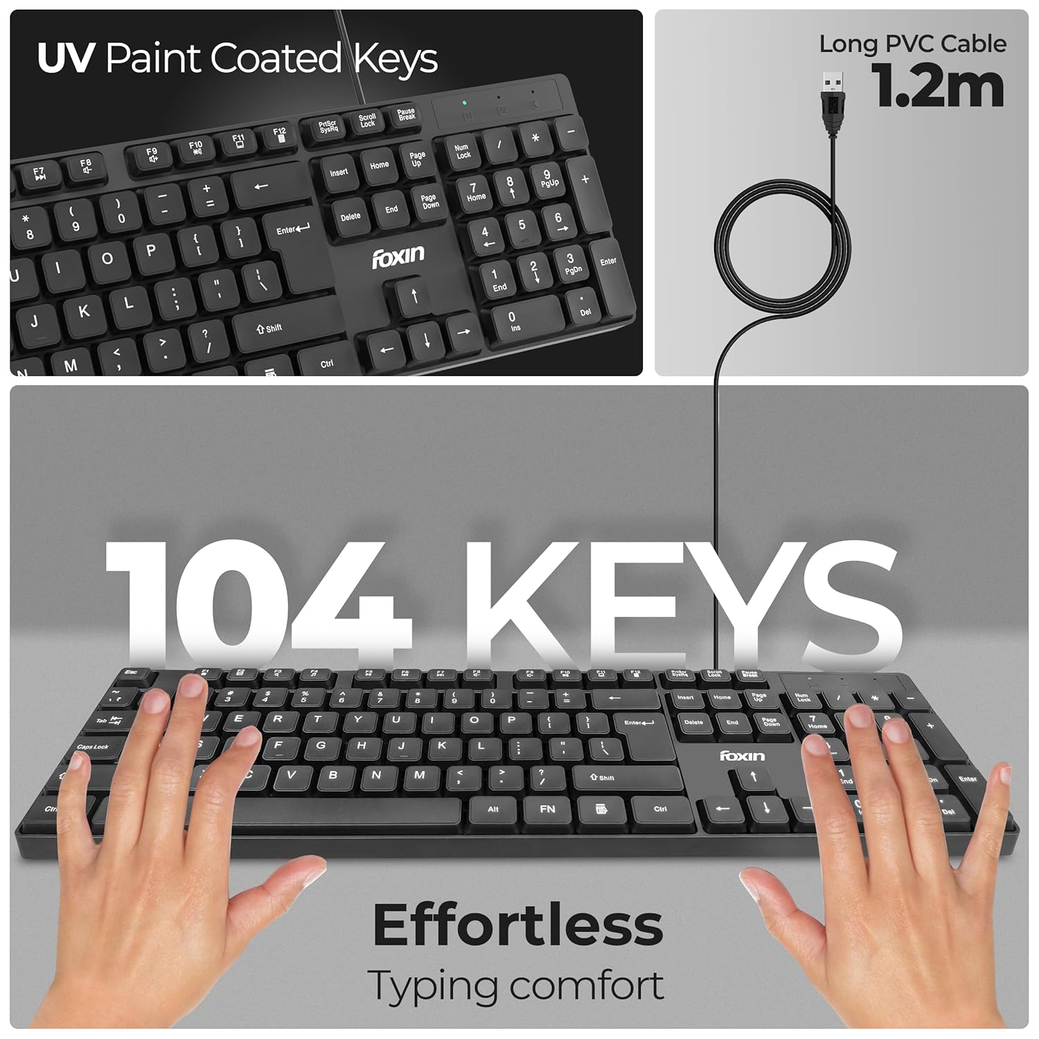 FOXIN Keysoft Wired USB Keyboard | 104 Keys with Multimedia Controls & Rupee Key (₹) | Spill-Resistant & Durable | USB Connectivity | 1.2m Cable | Comfortable Design | Keyboard for PC, Laptop & Mobile