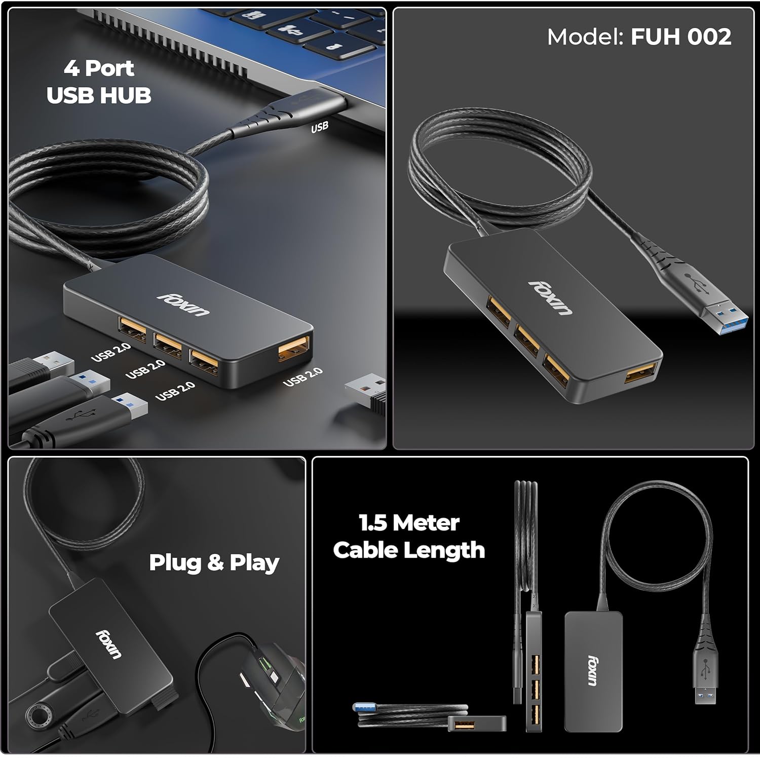 Foxin 4-in-1 USB Hub Ultra Slim | 4 x USB Ports with 1.5 Meter Cable | 480 Mbps Transfer Speed | Multi USB Port Connector for Laptop, PC, Mac | Plug & Play Multiport Adapter - FUH 002