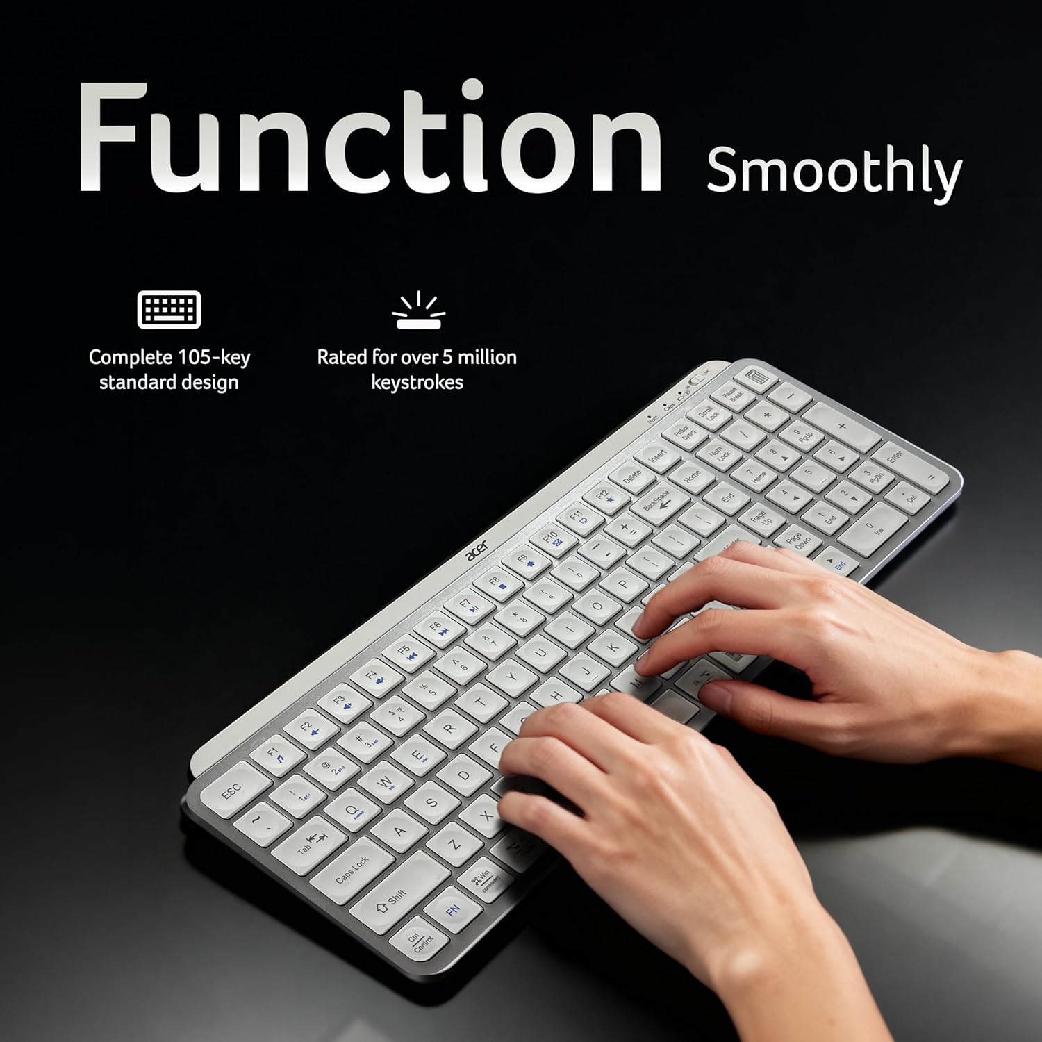 Acer KeyPro X105 Wireless Keyboard I Dual Mode 2.4GHz USB + BT 5.0 I 105 Keys Full Size Keyboard I Rechargeable 400mAh Battery I USB-C Charging I 64H Use I Windows Mac Android Compatible I Silver