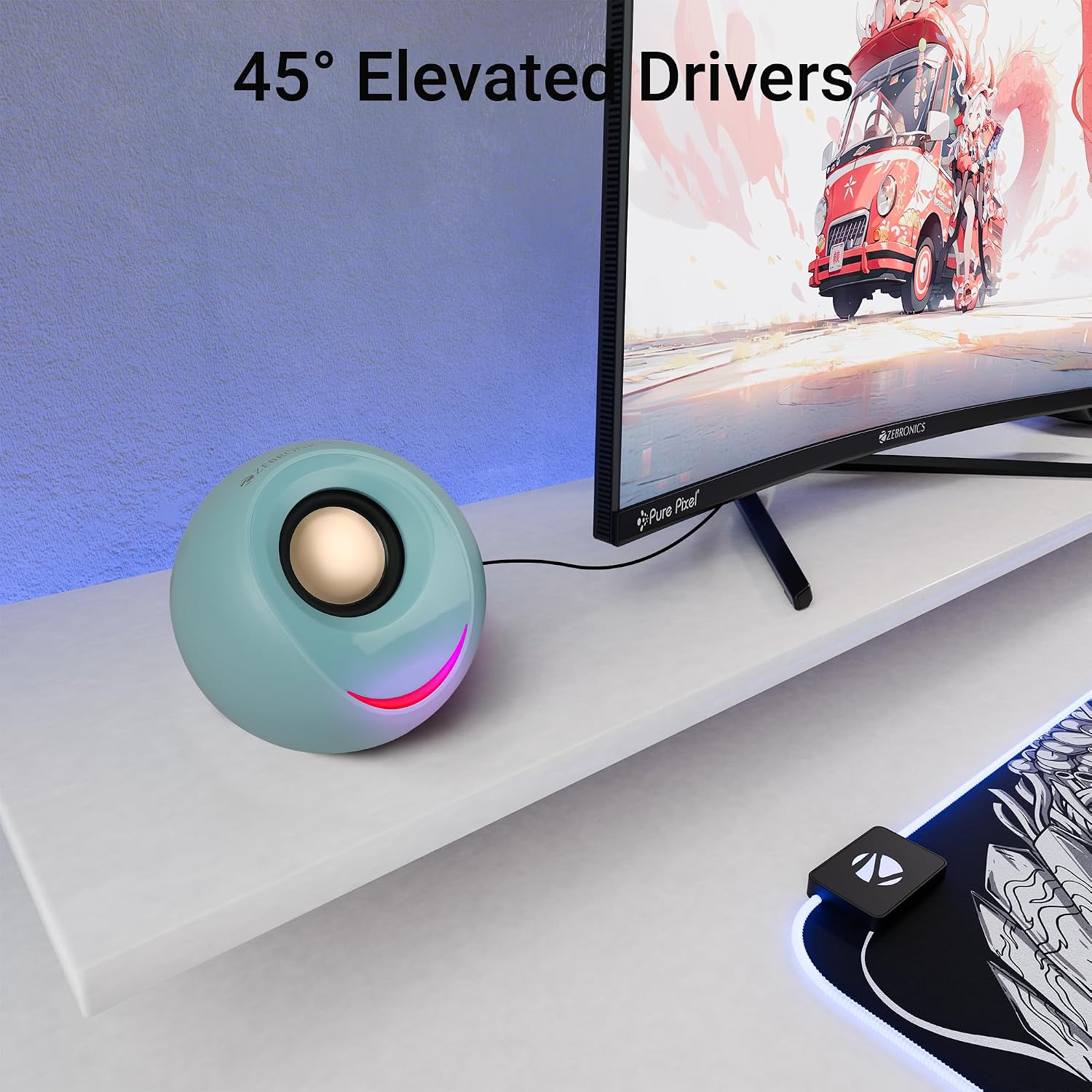 ZEBRONICS Blues 2.0 Computer Speakers, 8 Watts, 45° Elevated Drivers, Dual Passive Radiators, USB Powered, AUX, Volume Control Knob, RGB LED, for Laptops & Desktop (Sky Blue)