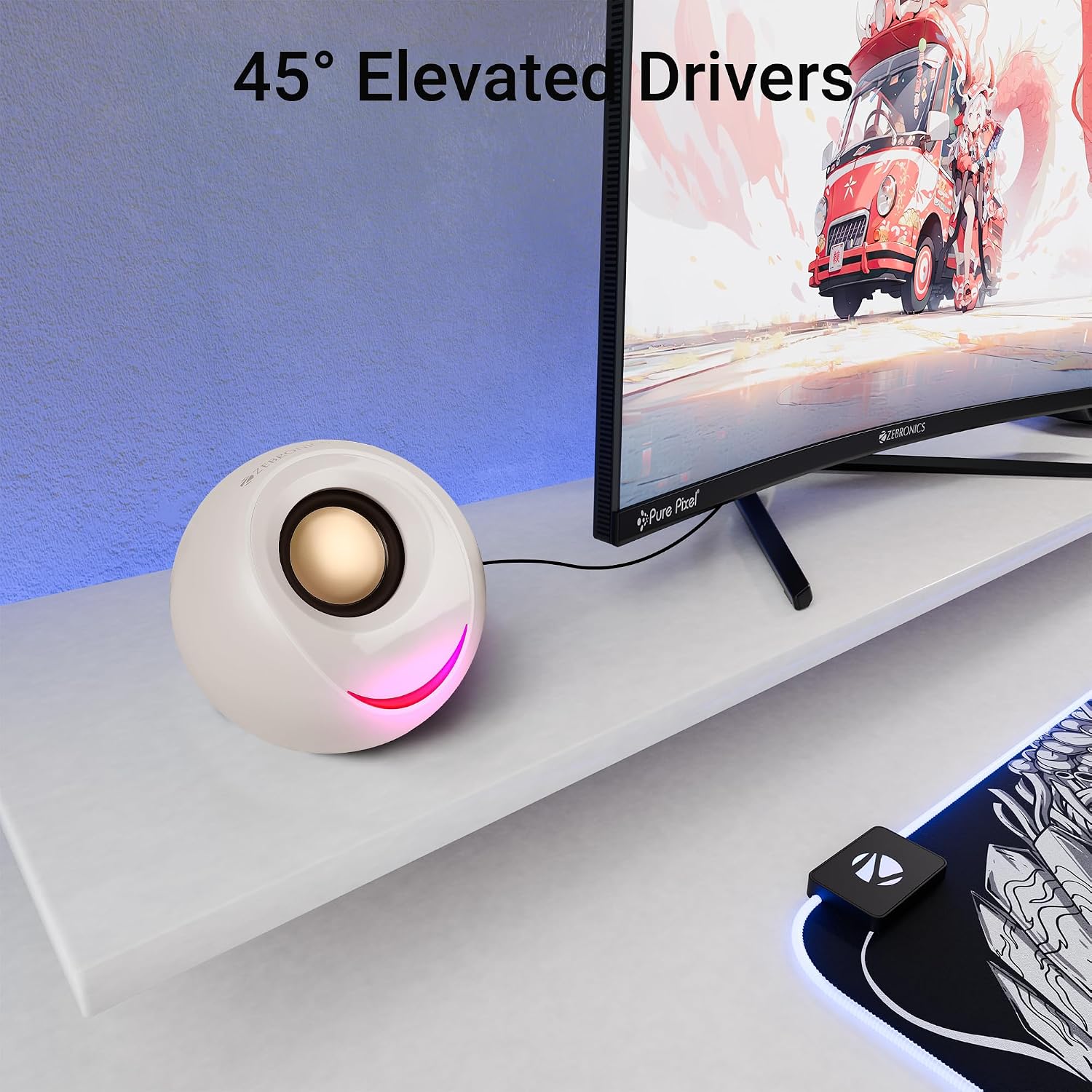 ZEBRONICS Blues 2.0 Computer Speakers, 8 Watts, 45° Elevated Drivers, Dual Passive Radiators, USB Powered, AUX, Volume Control Knob, RGB LED, for Laptops & Desktop (Beige)