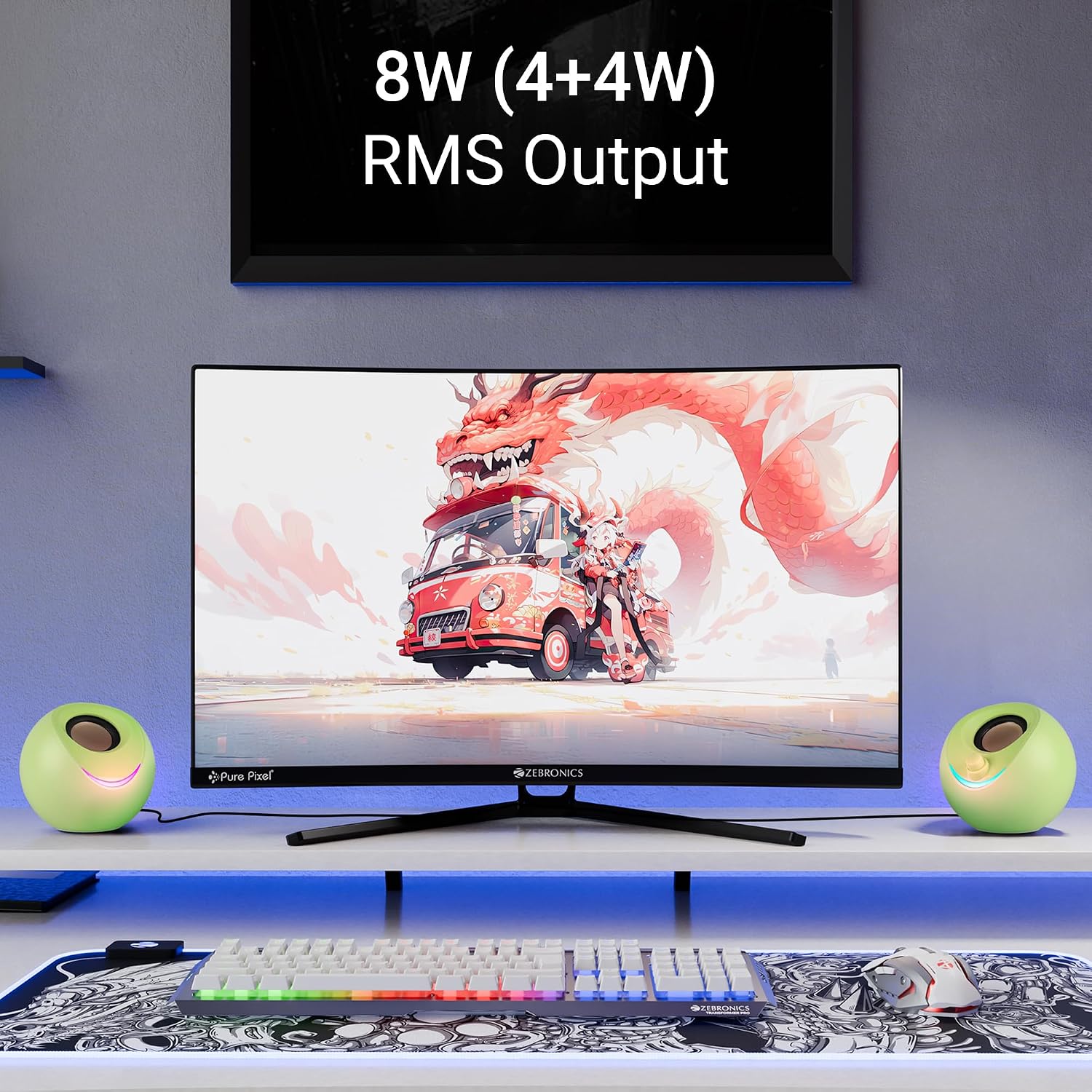 ZEBRONICS Blues 2.0 Computer Speakers, 8 Watts, 45° Elevated Drivers, Dual Passive Radiators, USB Powered, AUX, Volume Control Knob, RGB LED, for Laptops & Desktop (Green)