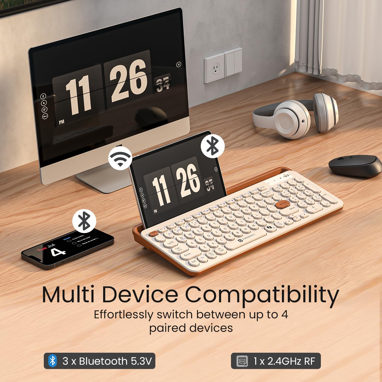 Portronics Bubble 3.0 Wireless Keyboard with Bluetooth + 2.4 GHz USB Receiver, Rechargeable Battery, Dual Height Adjustment, Multimedia Hotkeys with Numpad, for Laptop, PC, Smartphone, Tablet(Beige)