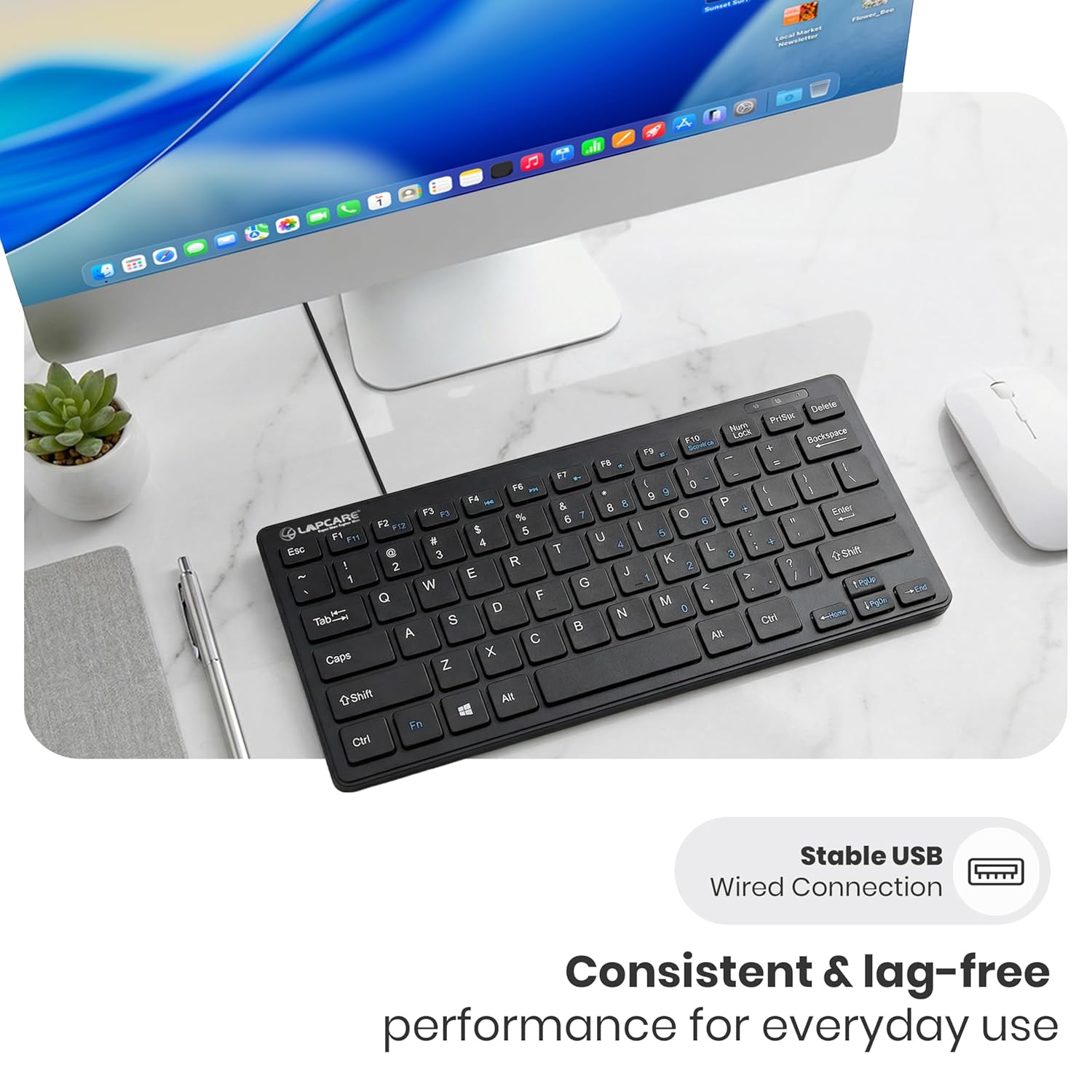 LAPCARE D-Lite Black Mini Wired Keyboard – 87 Key Compact USB Keyboard with Multimedia Fn Keys, Quiet Chocolate Keycaps, UV Coating, 8 Million Keystroke Life - Plug & Play for PC/Laptop (Black)