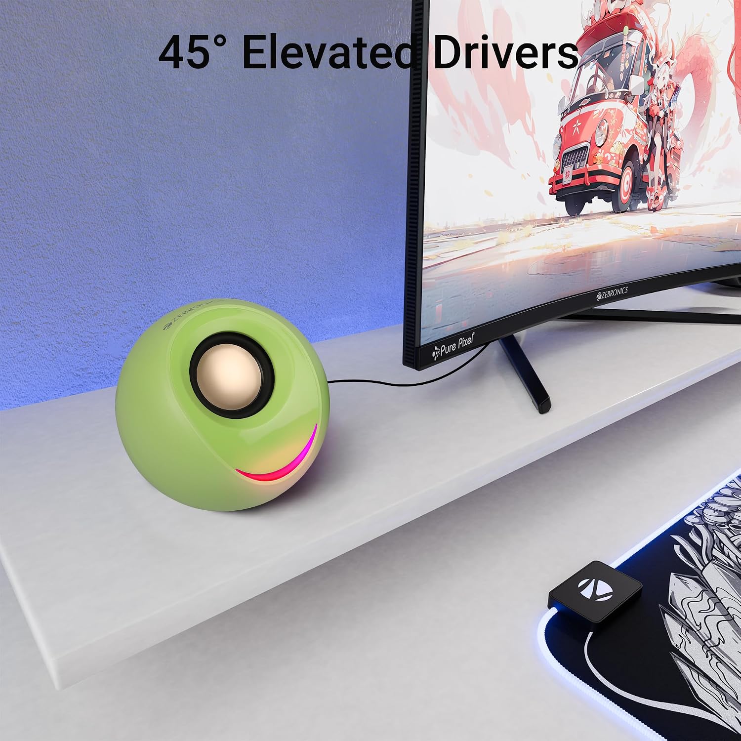 ZEBRONICS Blues 2.0 Computer Speakers, 8 Watts, 45° Elevated Drivers, Dual Passive Radiators, USB Powered, AUX, Volume Control Knob, RGB LED, for Laptops & Desktop (Green)
