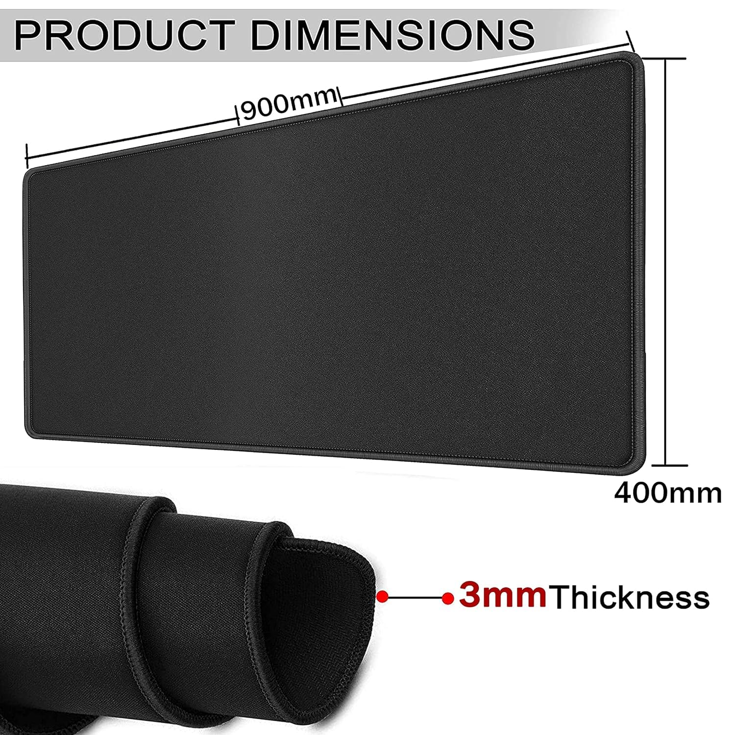 Storite 900x400x2mm Extended Gaming Mouse Pad for Laptop/Computer with Stitched Embroidery Edges and Water Resistance Coating Natural Non Slippery Rubber Base Mousepad Desk Mat - Black