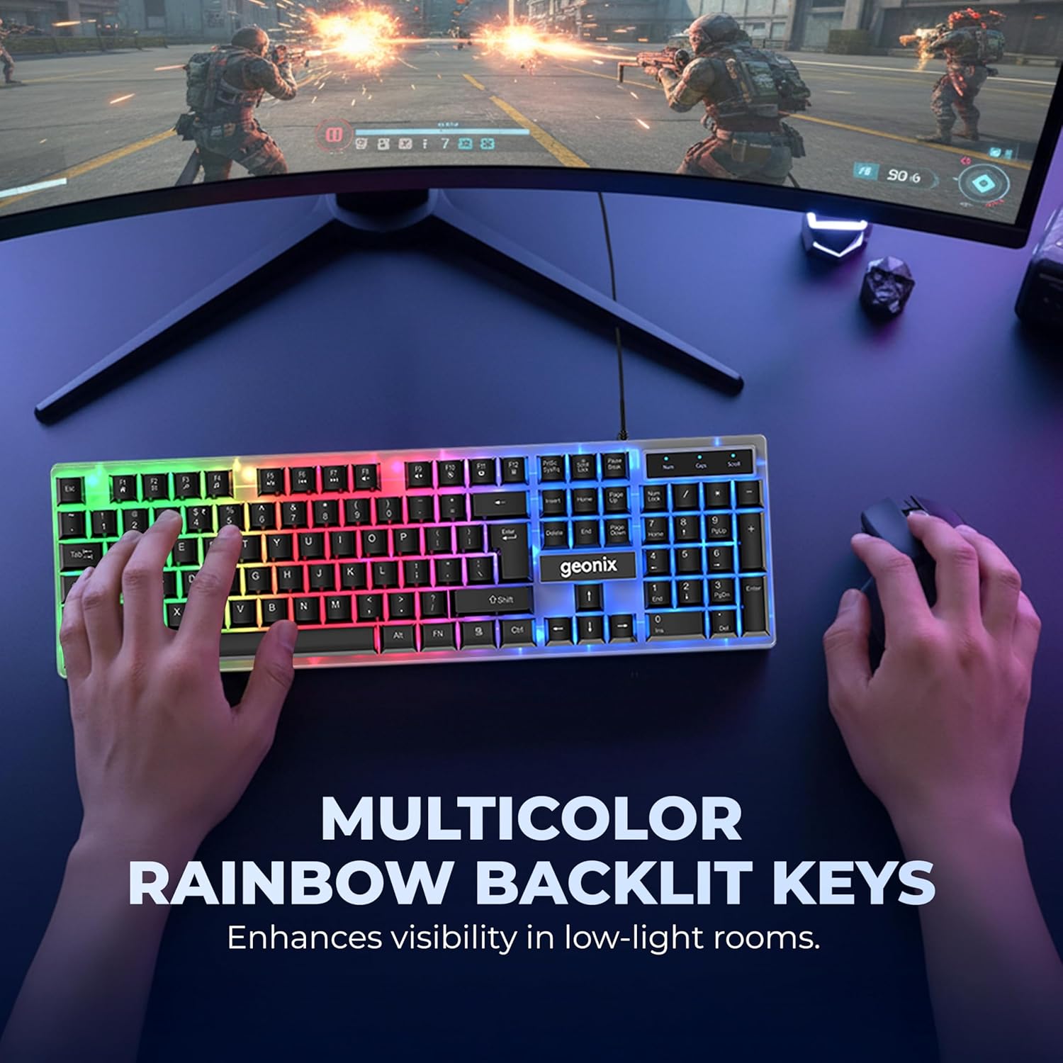 Geonix Cruiser K5, Wired Gaming Keyboard, 104 Keys, 1.5m Cable, 12 Multimedia Keys, USB Interface, RGB Colour, Plug and Play