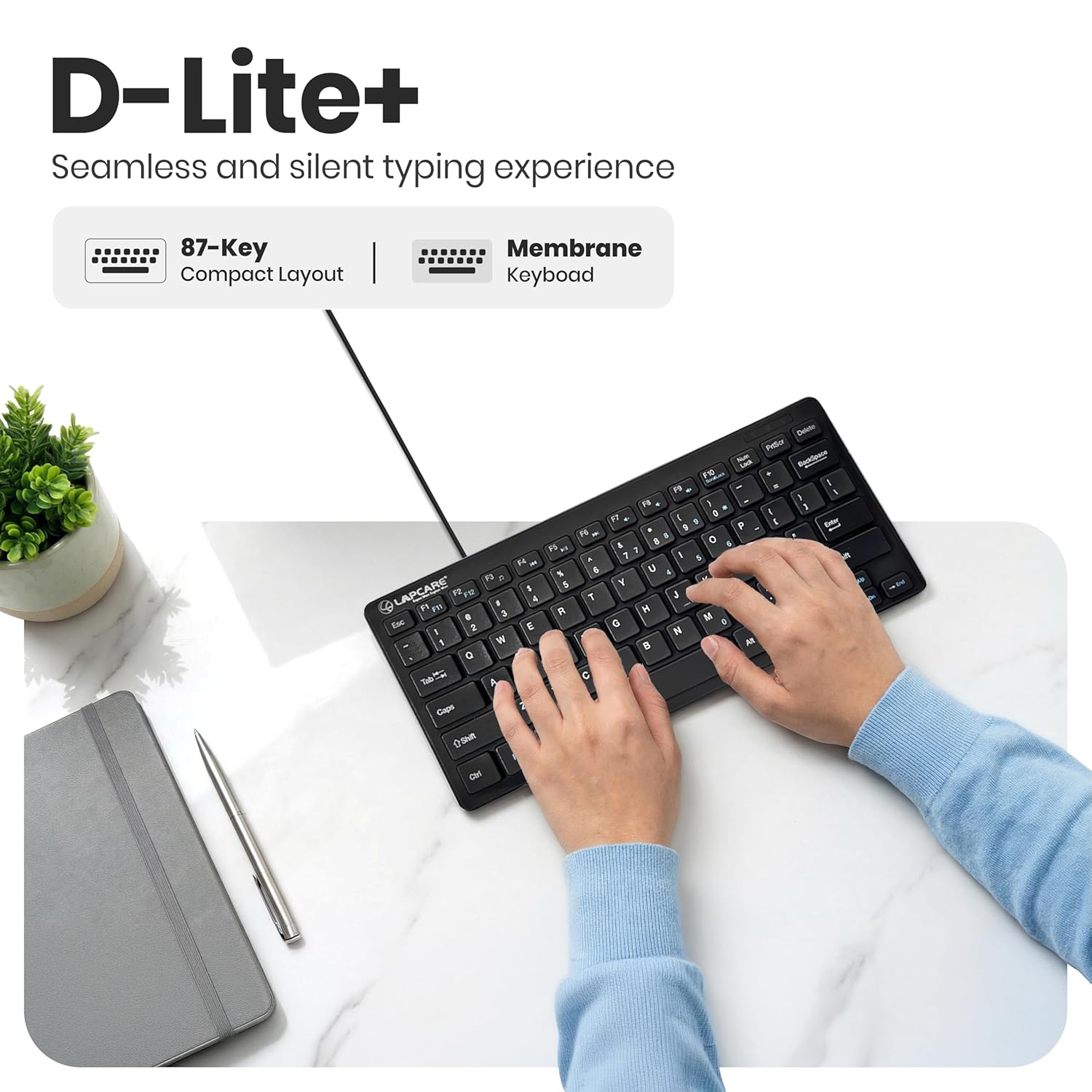 LAPCARE D-Lite Black Mini Wired Keyboard – 87 Key Compact USB Keyboard with Multimedia Fn Keys, Quiet Chocolate Keycaps, UV Coating, 8 Million Keystroke Life - Plug & Play for PC/Laptop (Black)