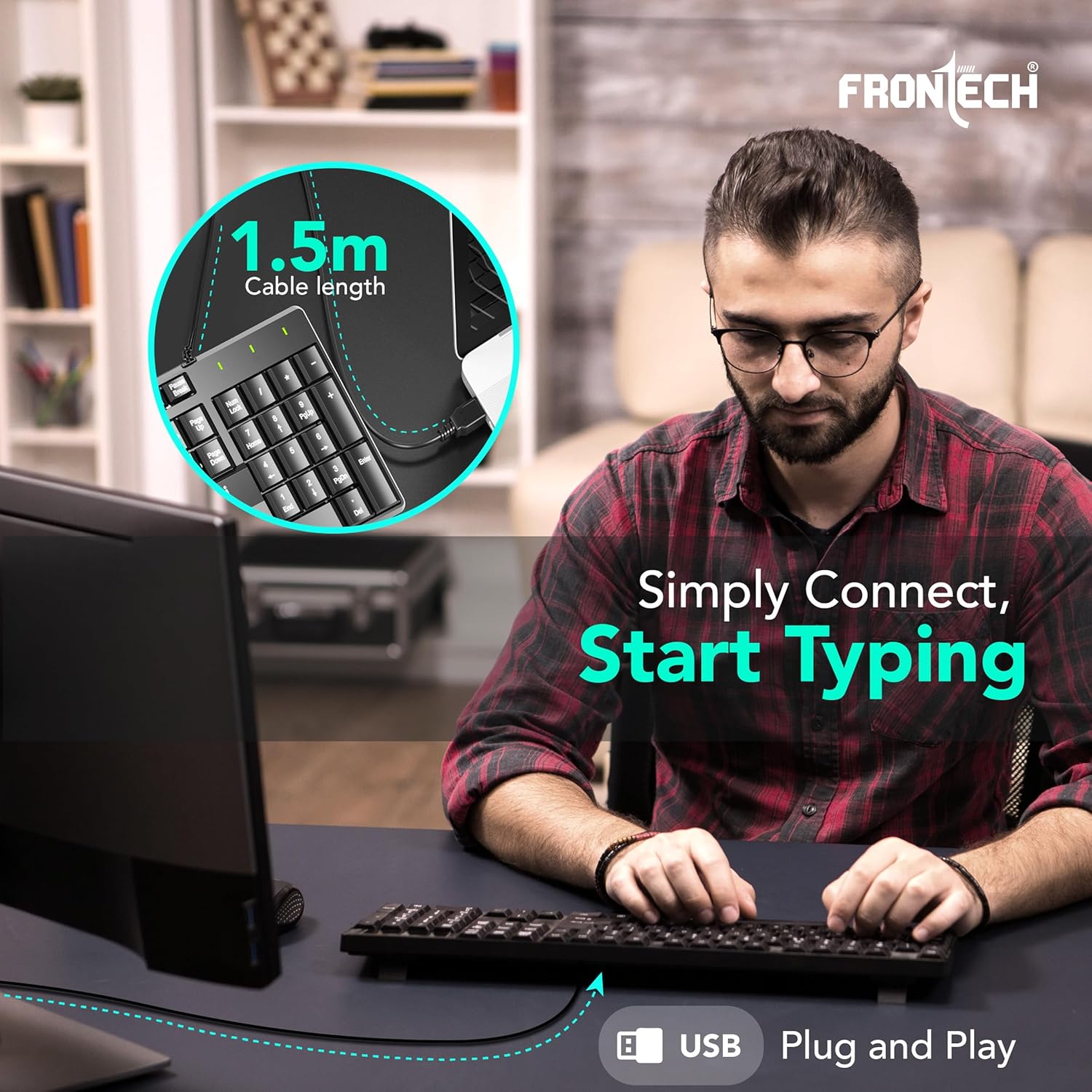 FRONTECH PrecisionFlow USB Keyboard - Ergonomic Design & Silent Typing for Windows (FT-1671)