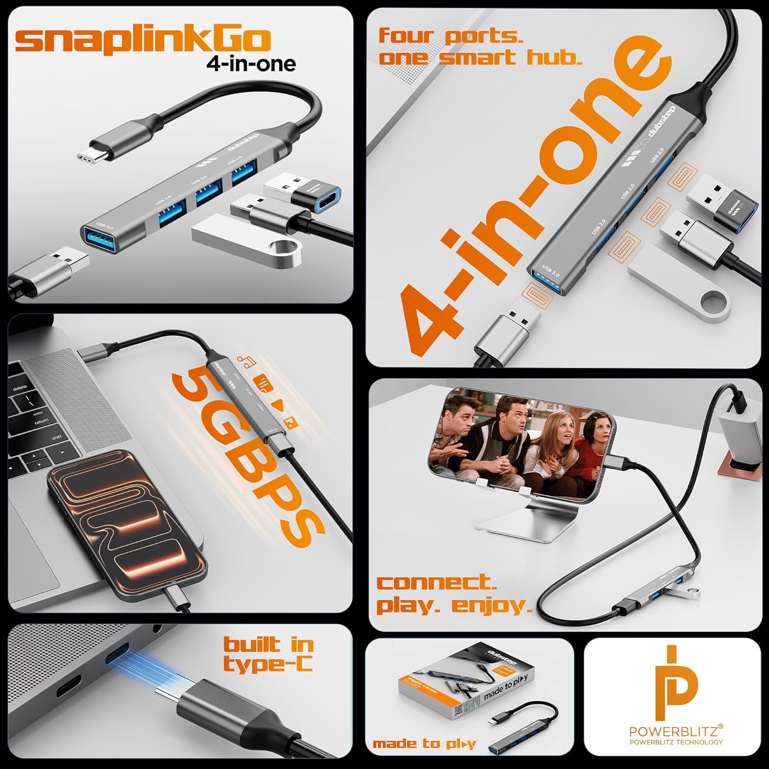 Dubstep SnaplinkGo 4-in-1 Type C to USB Hub, Grey, Aluminium Alloy, 5 Gbps Data Transfer, 4 Ports, Bend Free Cable (Grey)