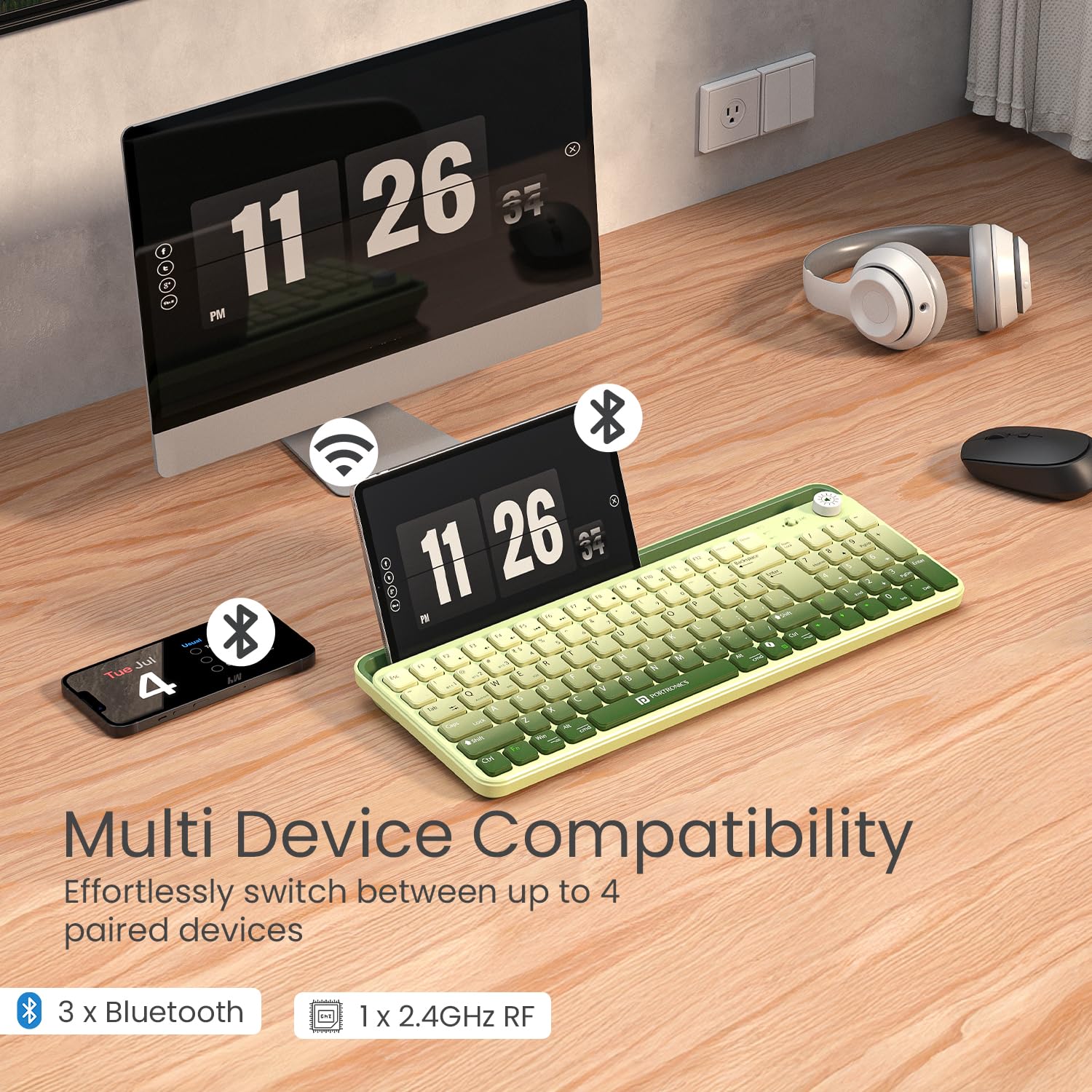 Portronics Bubble 4.0 Wireless Keyboard with Bluetooth + 2.4 GHz USB Receiver, Rechargeable Battery, Volume Control Knob, Multimedia Hotkeys with Numpad, for Laptop, PC, Smartphone, Tablet(Green)