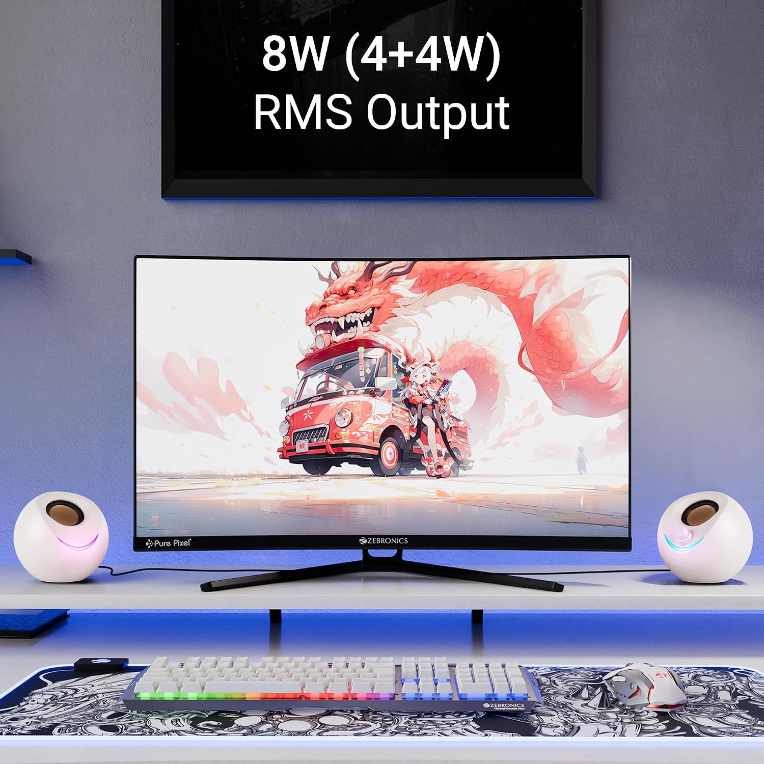 ZEBRONICS Blues 2.0 Computer Speakers, 8 Watts, 45° Elevated Drivers, Dual Passive Radiators, USB Powered, AUX, Volume Control Knob, RGB LED, for Laptops & Desktop (Beige)