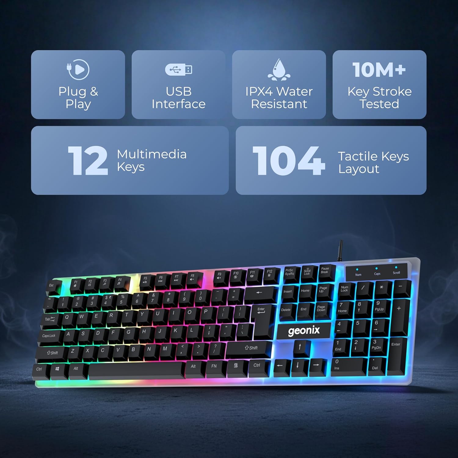 Geonix Cruiser K5, Wired Gaming Keyboard, 104 Keys, 1.5m Cable, 12 Multimedia Keys, USB Interface, RGB Colour, Plug and Play
