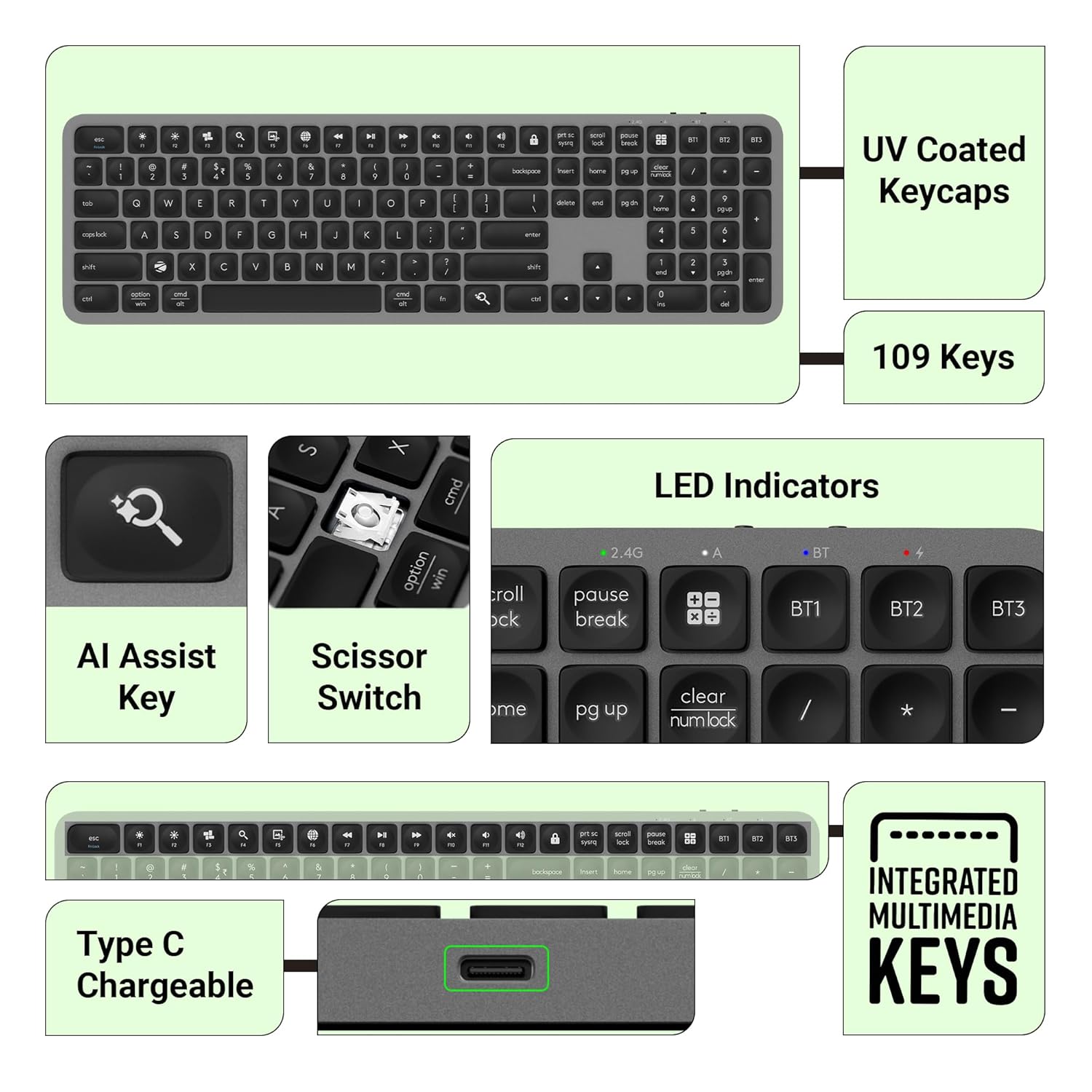 ZEBRONICS K5002MW Slim Wireless Keyboard with in-Built Battery, Copilot AI Key, Windows | Mac | iOS | Android, Scissor Switch, 3 Bluetooth + 2.4Ghz, 109 Keys, 13 Multimedia Keys, Type C Charging