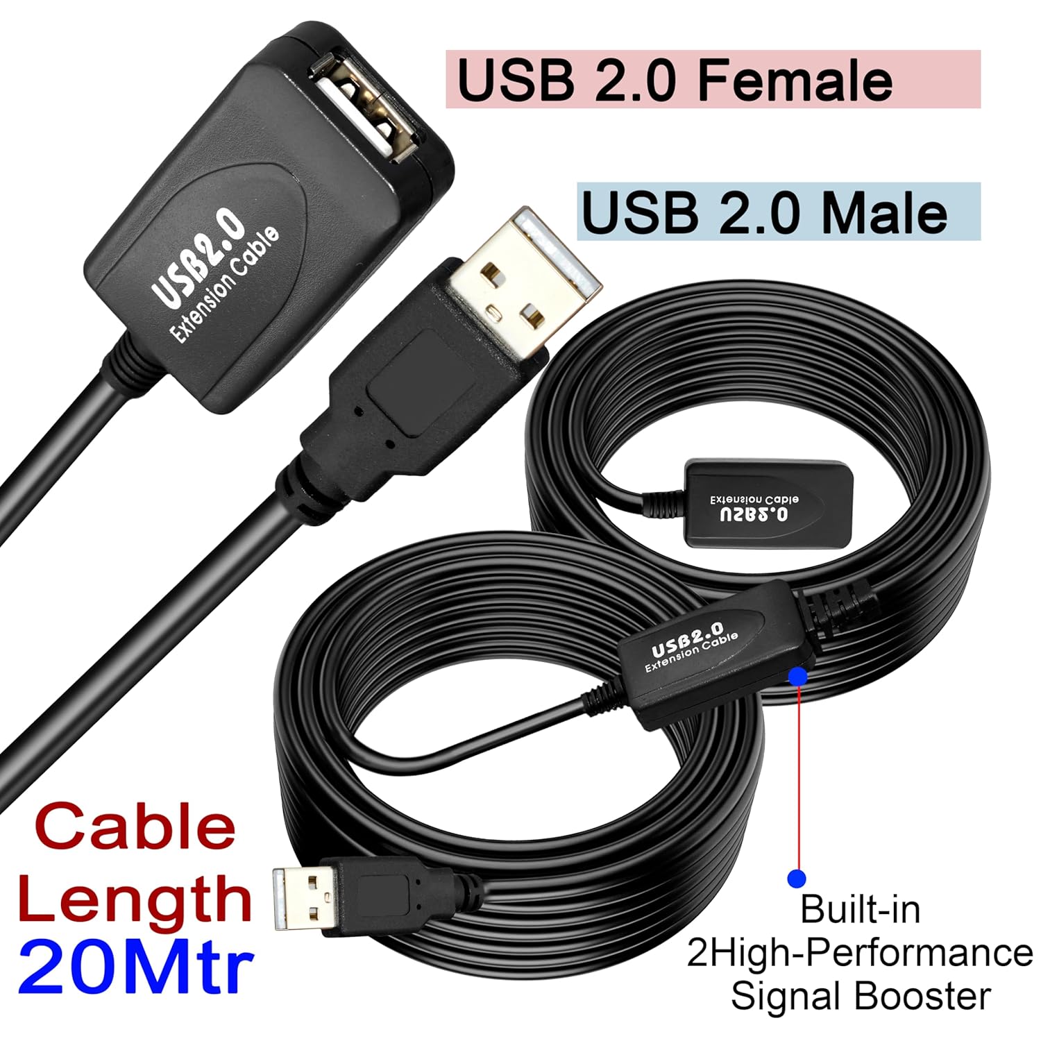 Storite 20M Active USB 2.0 M to F USB Extension Cable, Aluminum Platinum layer, Minimum 4.5V - Compatible with Printer|Camera|Webcam|