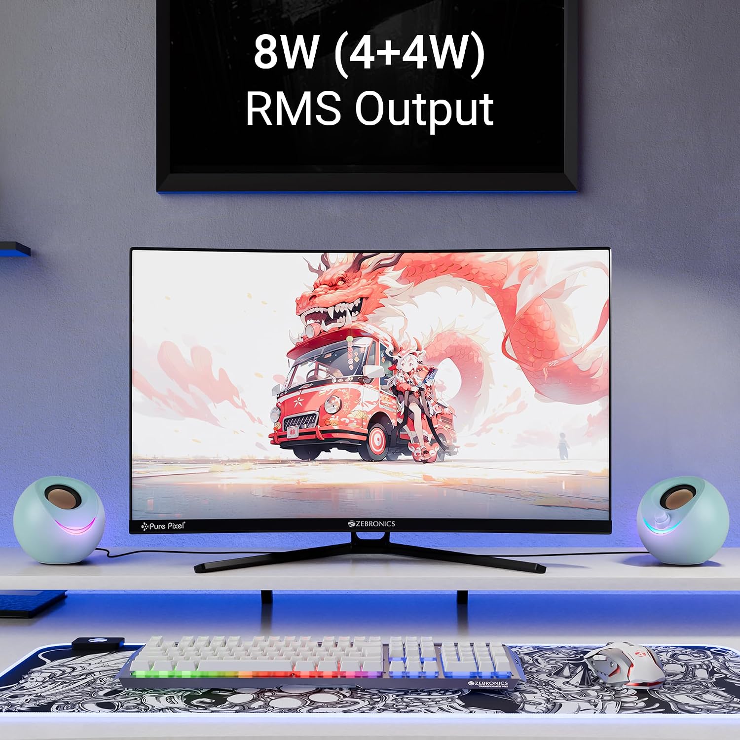 ZEBRONICS Blues 2.0 Computer Speakers, 8 Watts, 45° Elevated Drivers, Dual Passive Radiators, USB Powered, AUX, Volume Control Knob, RGB LED, for Laptops & Desktop (Sky Blue)