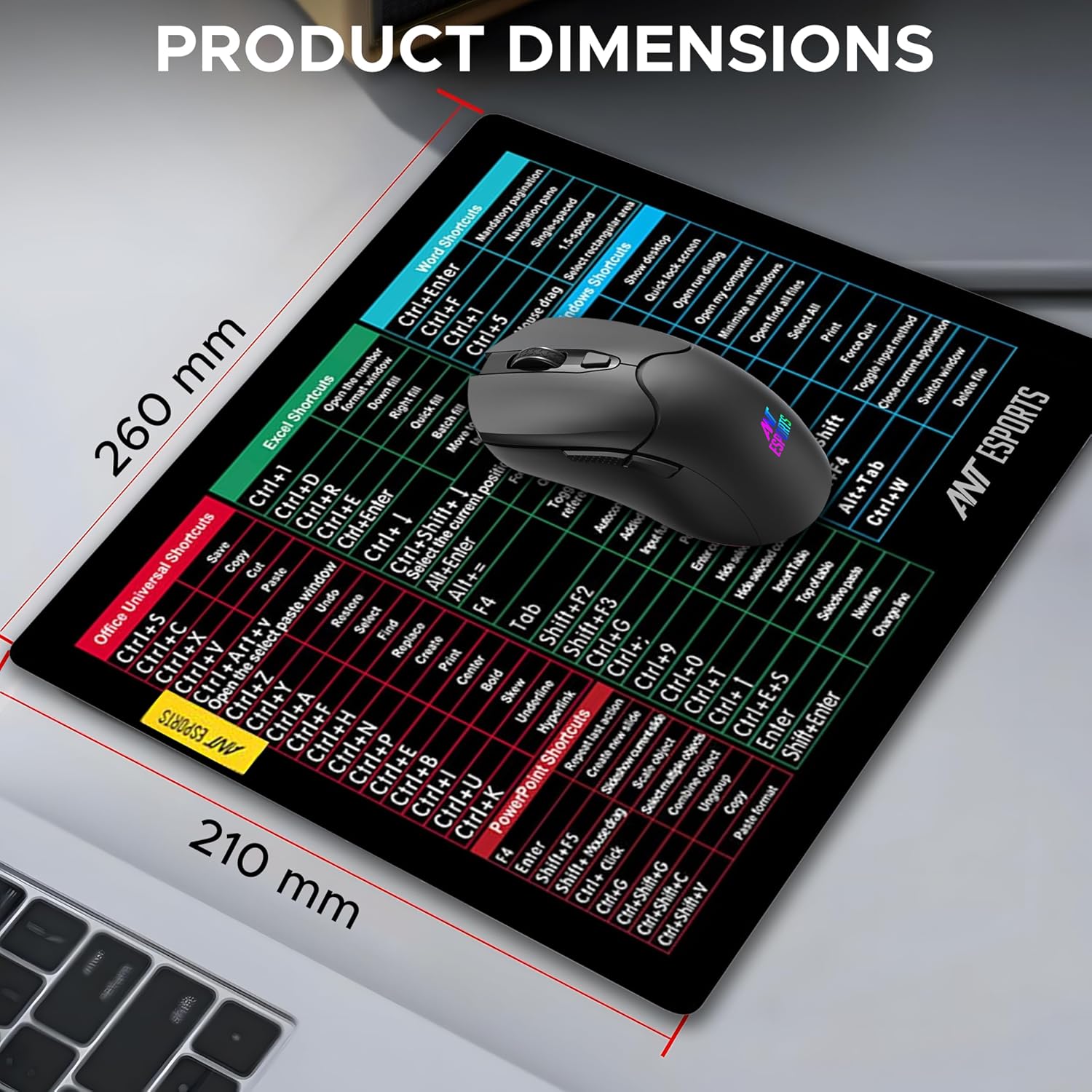 Ant Esports Lapi MousePad 260X210X3mm Anti-fray Stitching, Universal Shortcut Sheet Waterproof Surface & Non-Slip Rubber Base Stitched Edges Mouse Mat for Laptop,Compatible with Laser and Optical Mice
