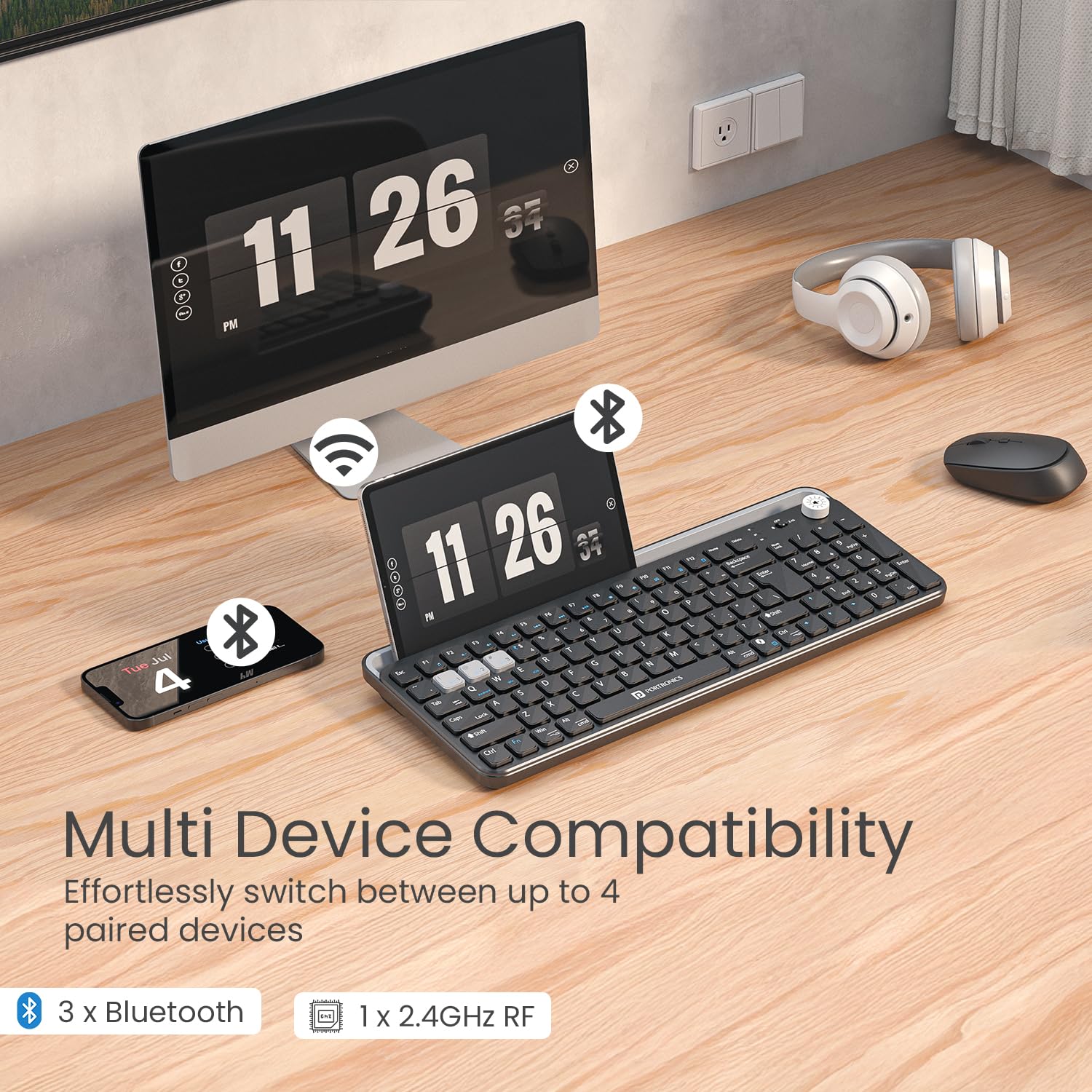 Portronics Bubble 4.0 Wireless Keyboard with Bluetooth + 2.4 GHz USB Receiver, Rechargeable Battery, Volume Control Knob, Multimedia Hotkeys with Numpad, for Laptop, PC, Smartphone, Tablet(Black)