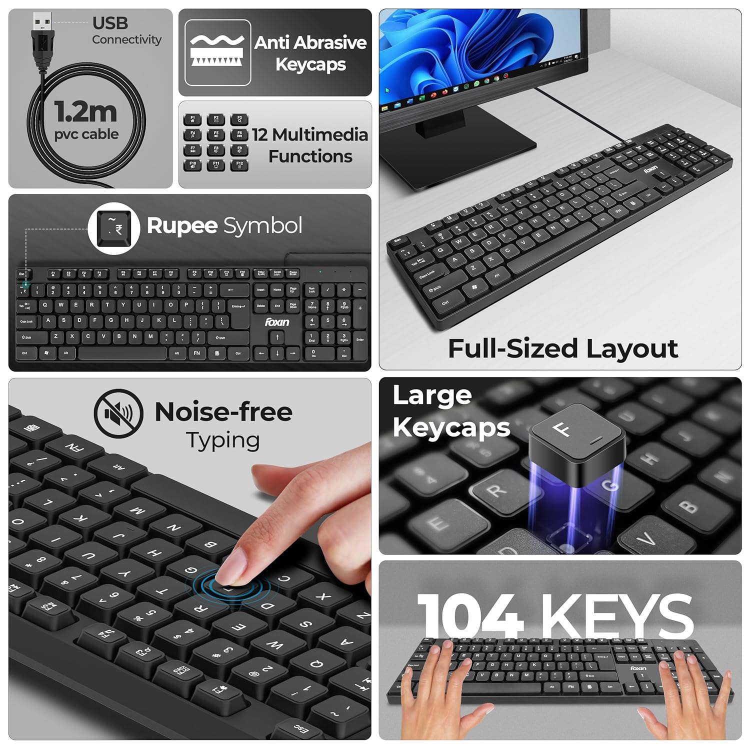 FOXIN Keysoft Wired USB Keyboard | 104 Keys with Multimedia Controls & Rupee Key (₹) | Spill-Resistant & Durable | USB Connectivity | 1.2m Cable | Comfortable Design | Keyboard for PC, Laptop & Mobile