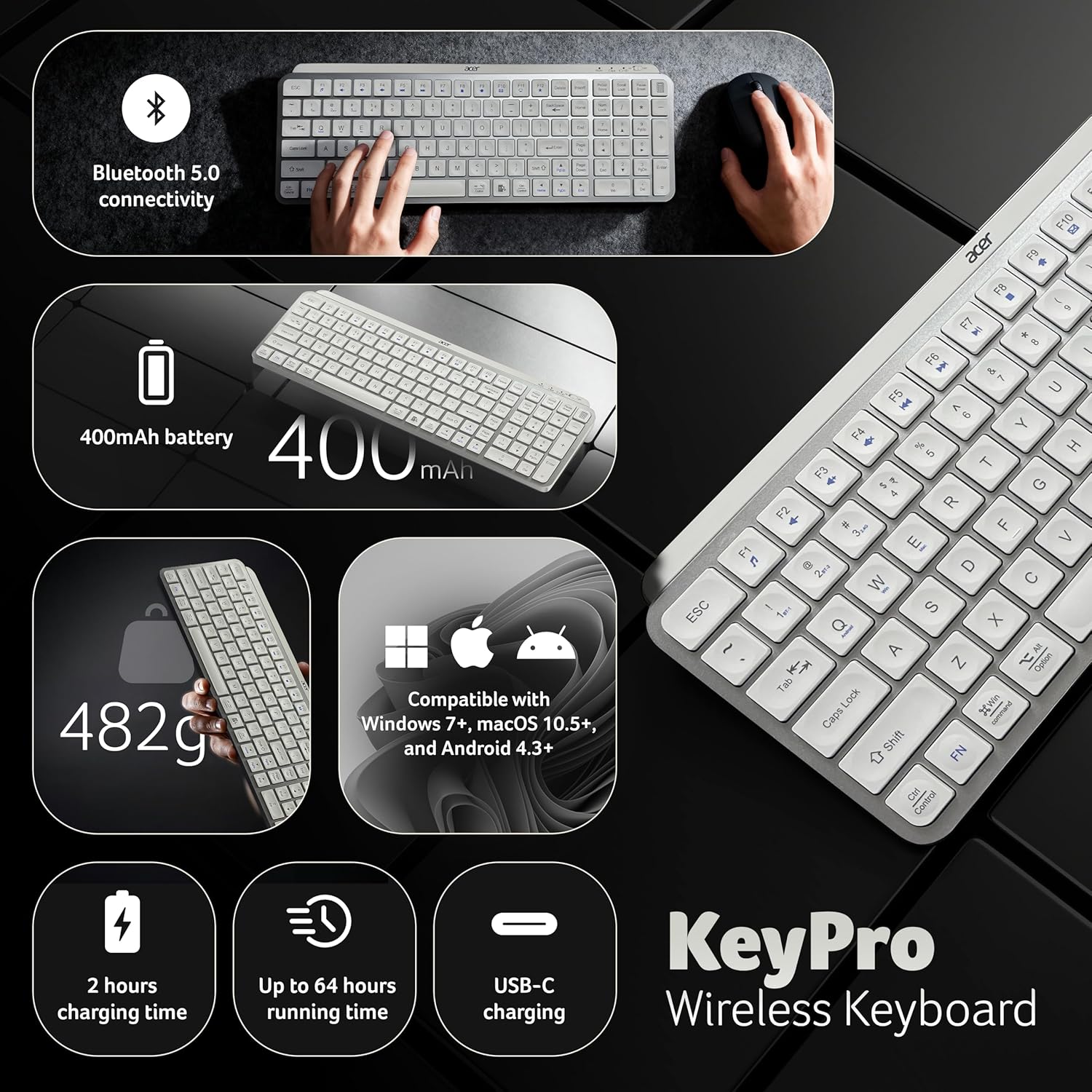Acer KeyPro X105 Wireless Keyboard I Dual Mode 2.4GHz USB + BT 5.0 I 105 Keys Full Size Keyboard I Rechargeable 400mAh Battery I USB-C Charging I 64H Use I Windows Mac Android Compatible I Silver